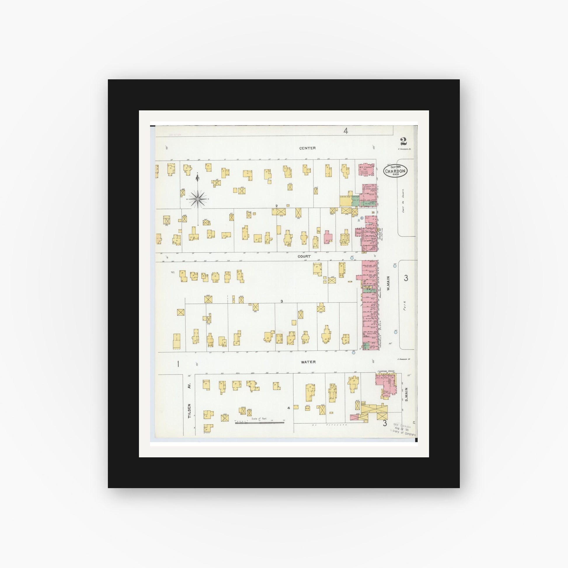 Old map wall art mockup — black gallery frame with white mat — Sanborn Fire Insurance Map from Chardon, Geauga County, Ohio (1904), Sheet #0002