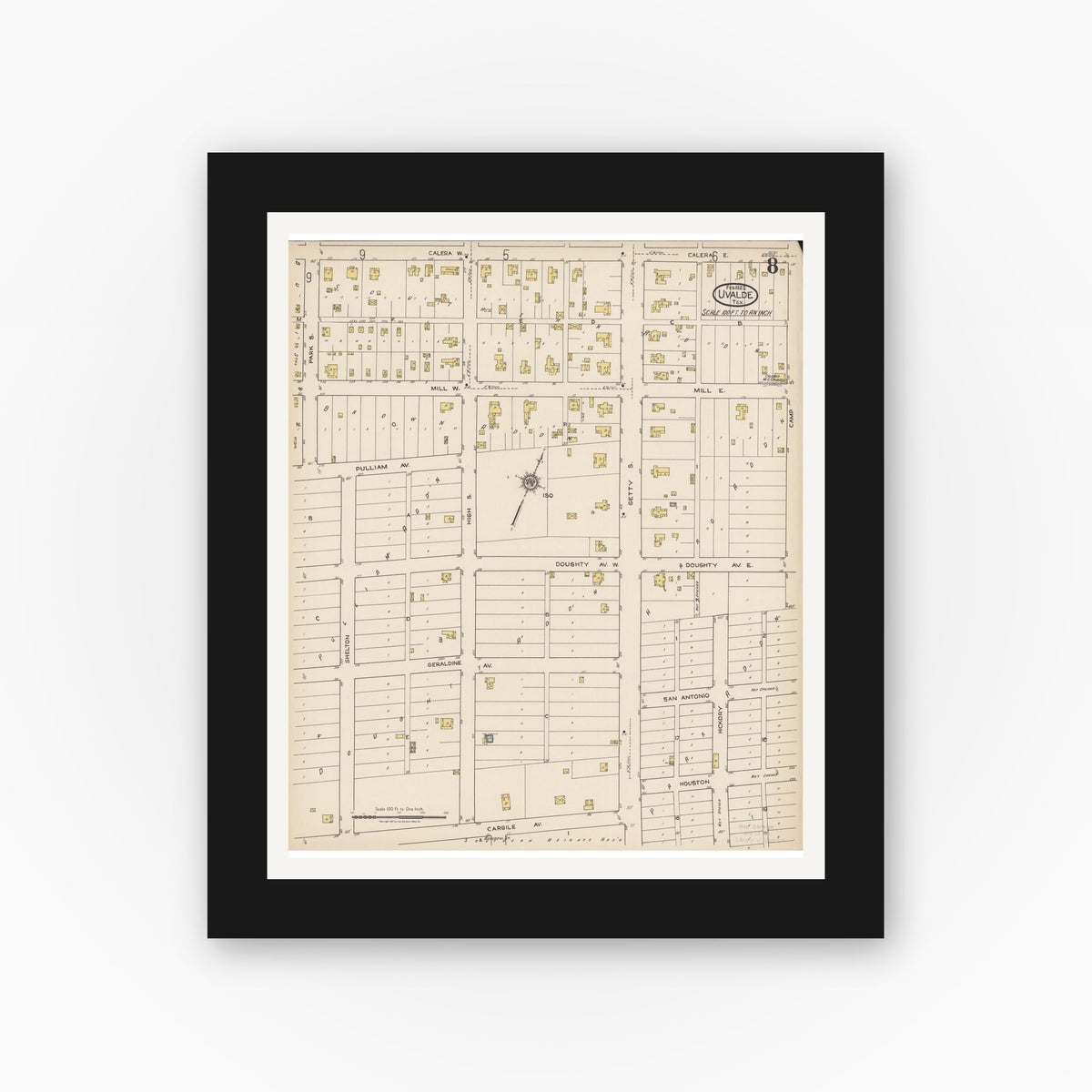 Old map wall art mockup — black gallery frame with white mat — Sanborn Fire Insurance Map from Uvalde, Uvalde County, Texas (1922), Sheet #0008
