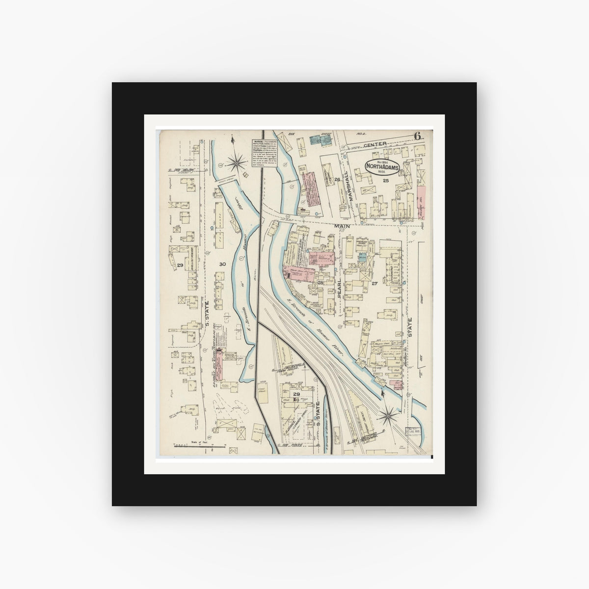 Old map wall art mockup — black gallery frame with white mat — Sanborn Fire Insurance Map from North Adams, Berkshire County, Massachusetts (1884), Sheet #0006