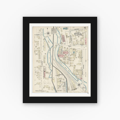 Old map wall art mockup — black gallery frame with white mat — Sanborn Fire Insurance Map from North Adams, Berkshire County, Massachusetts (1884), Sheet #0006