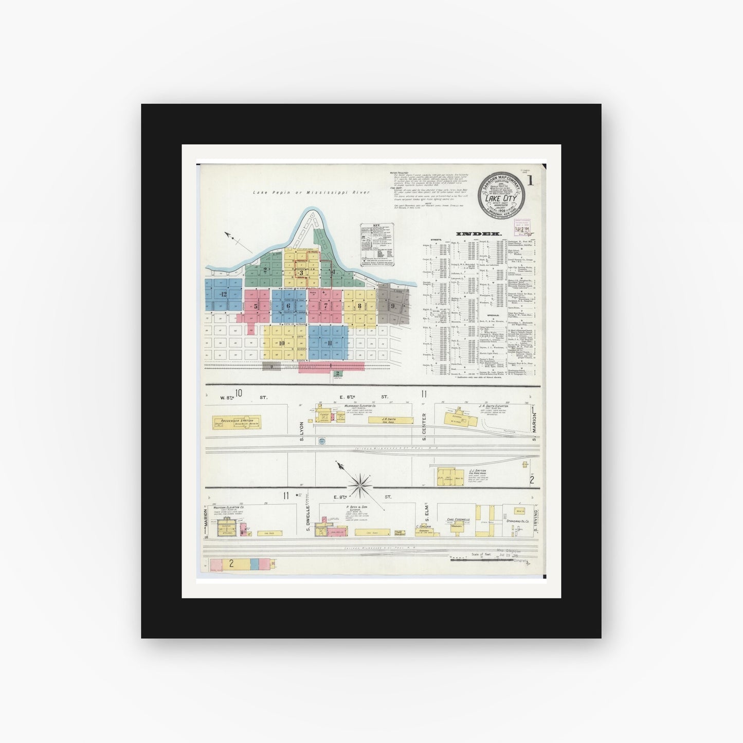 Old map wall art mockup — black gallery frame with white mat — Sanborn Fire Insurance Map from Lake City, Wabasha County, Minnesota (1909) - Complete Map Set