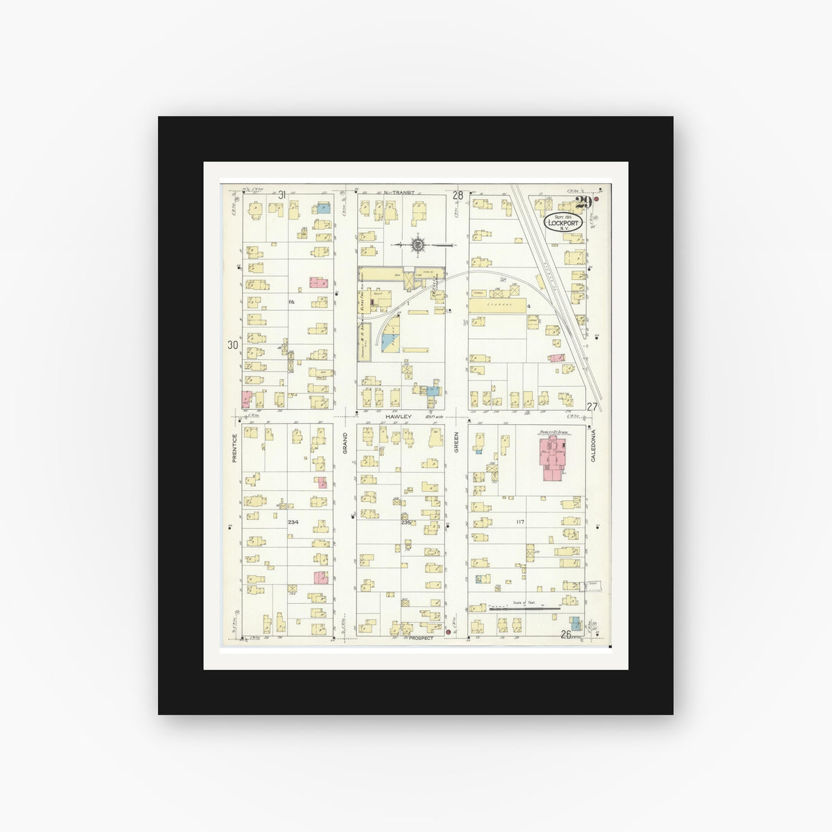 Old map wall art mockup — black gallery frame with white mat — Sanborn Fire Insurance Map from Lockport, Niagara County, New York (1914), Sheet #0029