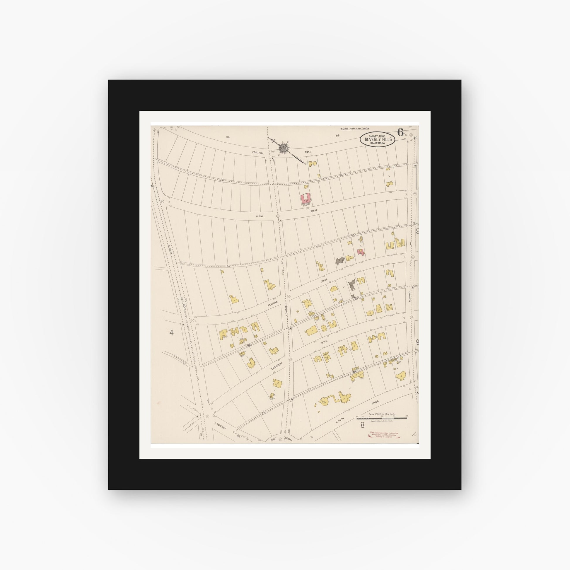 Old map wall art mockup — black gallery frame with white mat — Sanborn Fire Insurance Map from Beverly Hills, Los Angeles County, California (1922), Sheet #0006