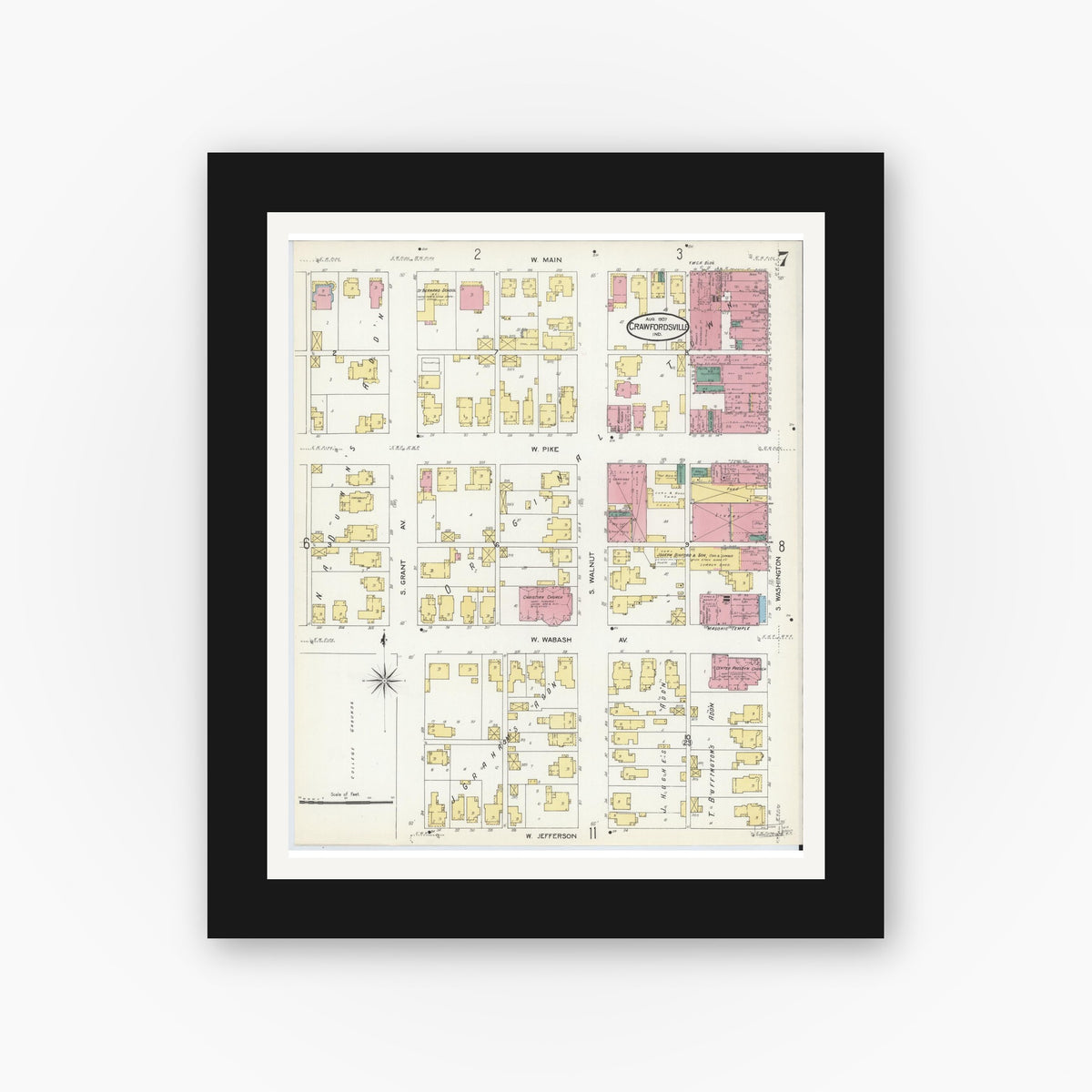 Old map wall art mockup — black gallery frame with white mat — Sanborn Fire Insurance Map from Crawfordsville, Montgomery County, Indiana (1907), Sheet #0007