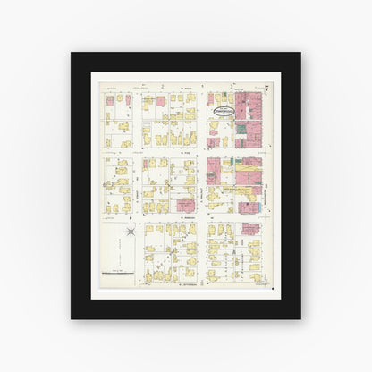 Old map wall art mockup — black gallery frame with white mat — Sanborn Fire Insurance Map from Crawfordsville, Montgomery County, Indiana (1907), Sheet #0007