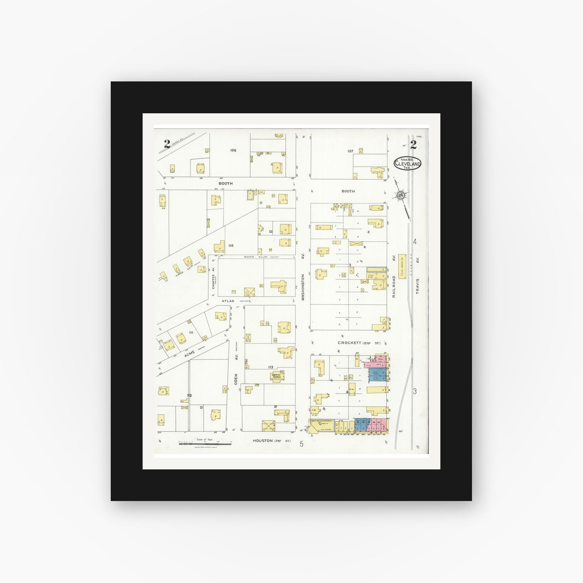 Old map wall art mockup — black gallery frame with white mat — Sanborn Fire Insurance Map from Cleveland, Liberty County, Texas (1926), Sheet #0002