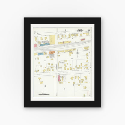Old map wall art mockup — black gallery frame with white mat — Sanborn Fire Insurance Map from Albion, Orleans County, New York (1917), Sheet #0008