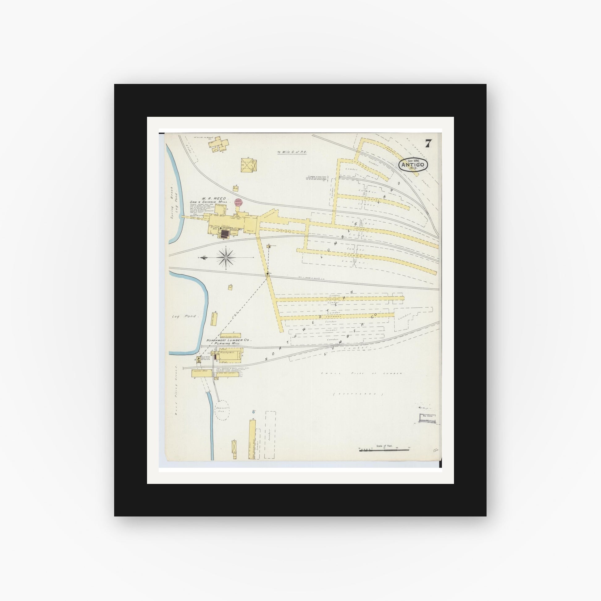 Old map wall art mockup — black gallery frame with white mat — Sanborn Fire Insurance Map from Antigo, Langlade County, Wisconsin (1892), Sheet #0007