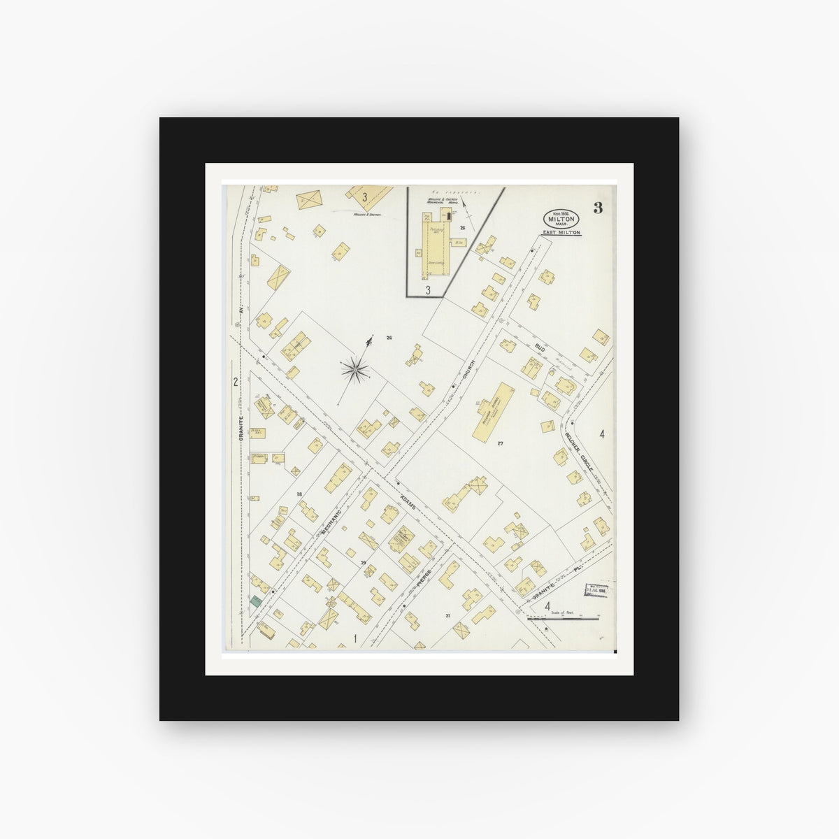 Old map wall art mockup — black gallery frame with white mat — Sanborn Fire Insurance Map from Milton, Norfolk County, Massachusetts (1906), Sheet #0003