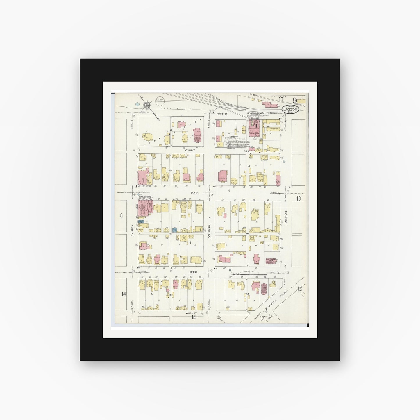 Old map wall art mockup — black gallery frame with white mat — Sanborn Fire Insurance Map from Jackson, Jackson County, Ohio (1914), Sheet #0009