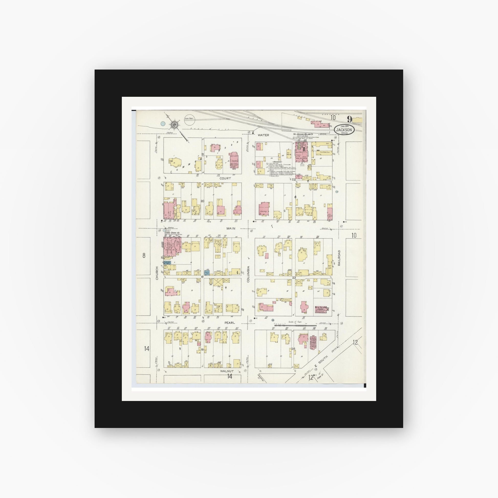 Old map wall art mockup — black gallery frame with white mat — Sanborn Fire Insurance Map from Jackson, Jackson County, Ohio (1914), Sheet #0009