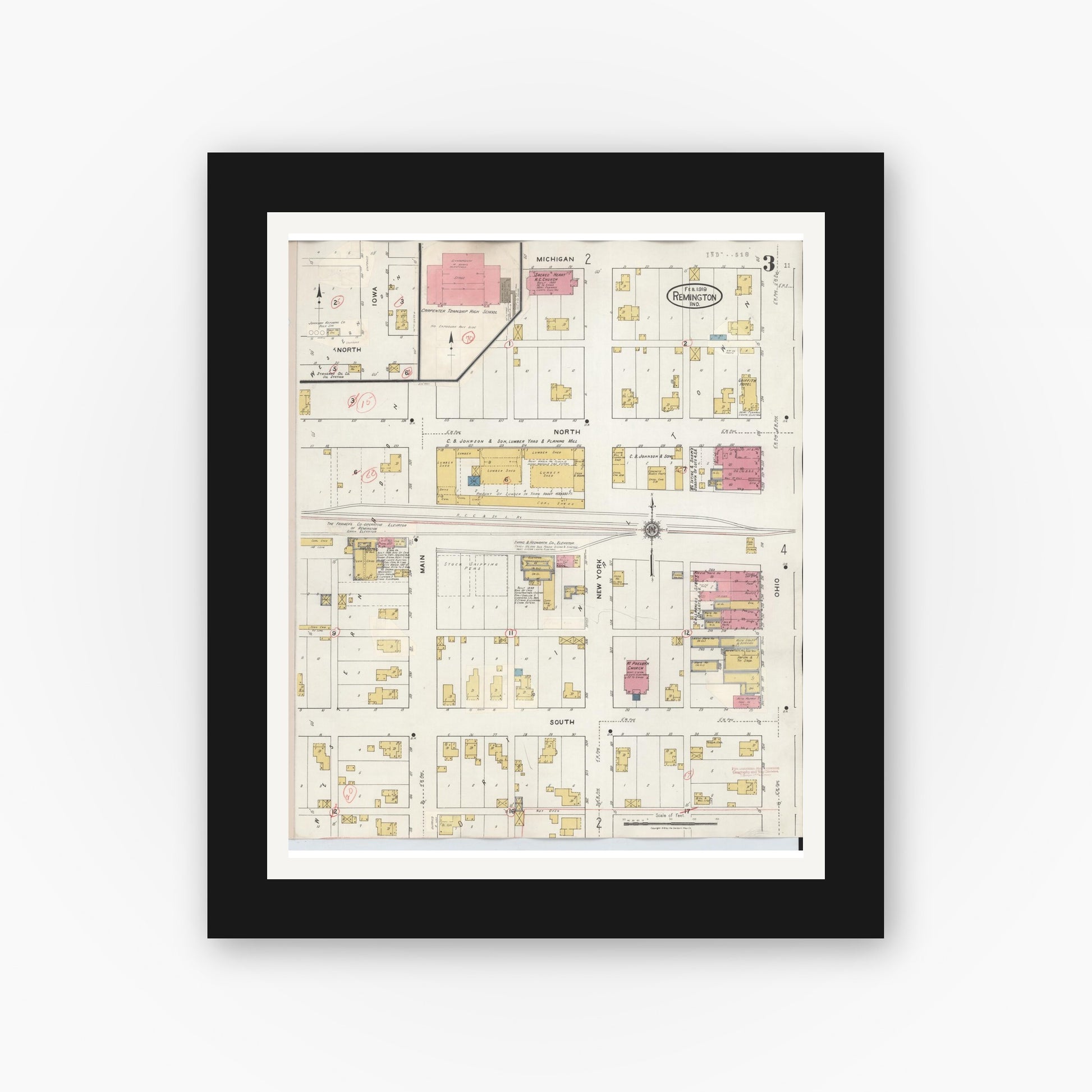 Old map wall art mockup — black gallery frame with white mat — Sanborn Fire Insurance Map from Remington, Jasper County, Indiana (1932), Sheet #0003