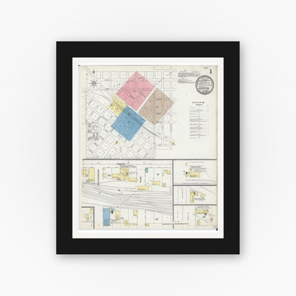 Old map wall art mockup — black gallery frame with white mat — Sanborn Fire Insurance Map from Harvard, McHenry County, Illinois (1892), Sheet #0001