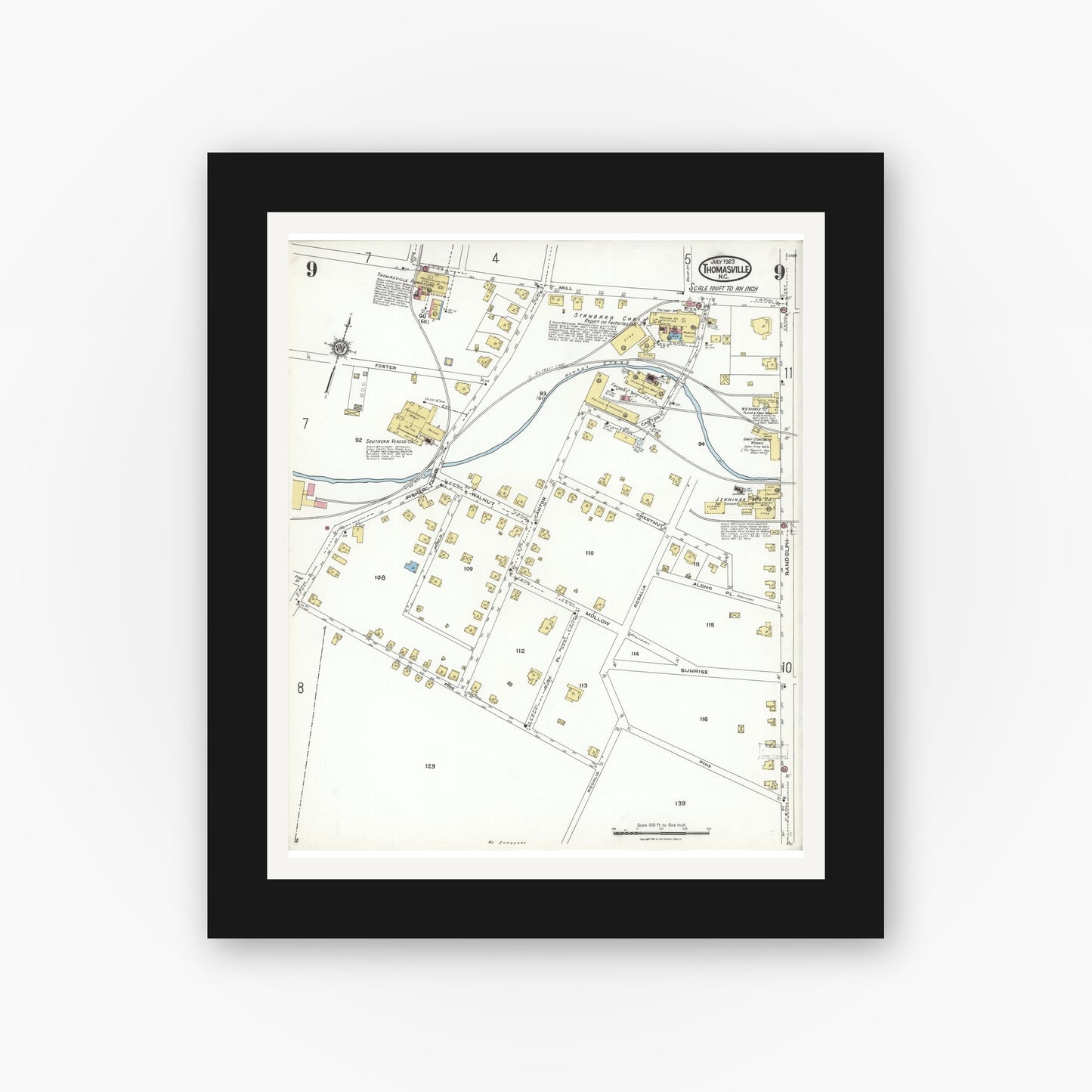 Old map wall art mockup — black gallery frame with white mat — Sanborn Fire Insurance Map from Thomasville, Davidson County, North Carolina (1923), Sheet #0009