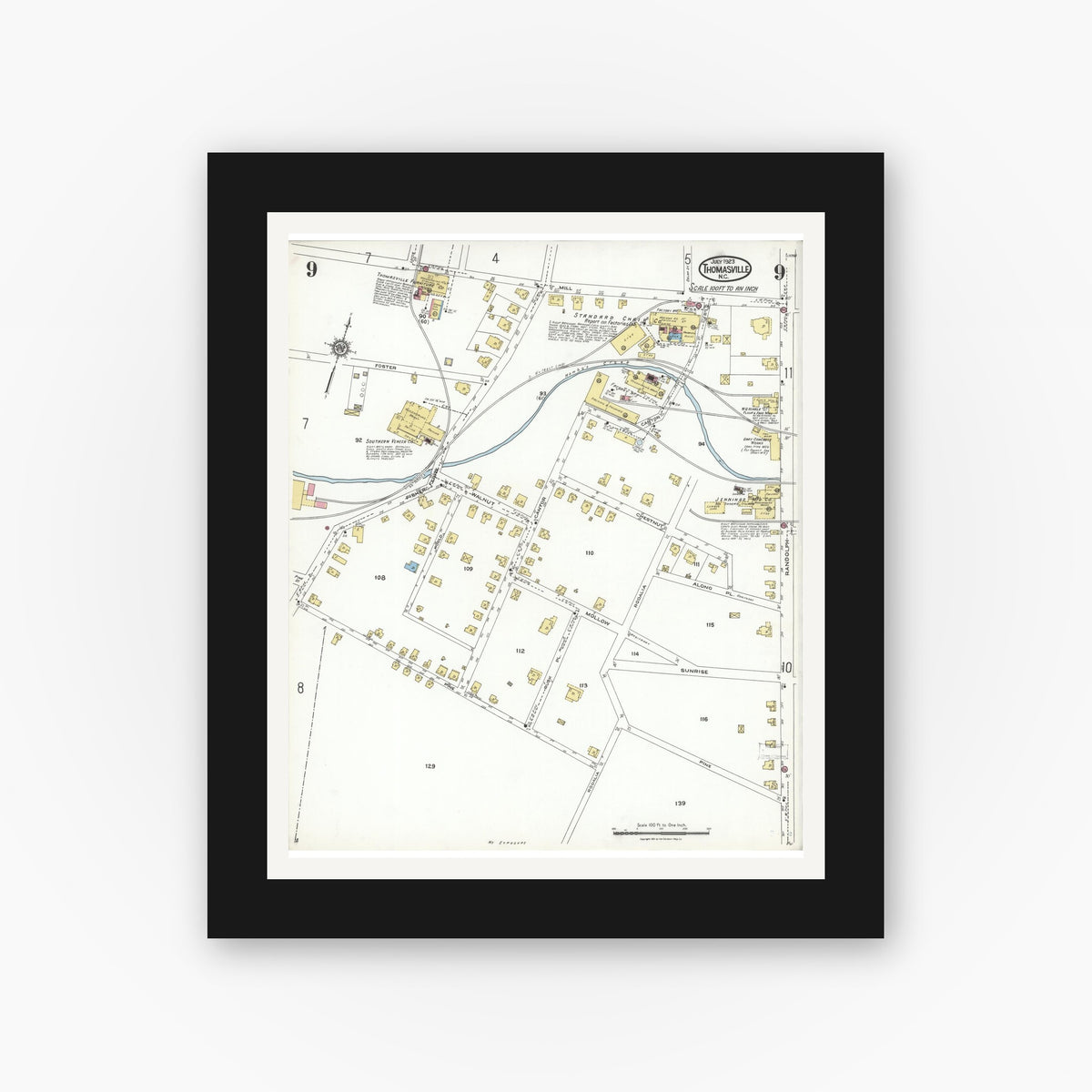 Old map wall art mockup — black gallery frame with white mat — Sanborn Fire Insurance Map from Thomasville, Davidson County, North Carolina (1923), Sheet #0009