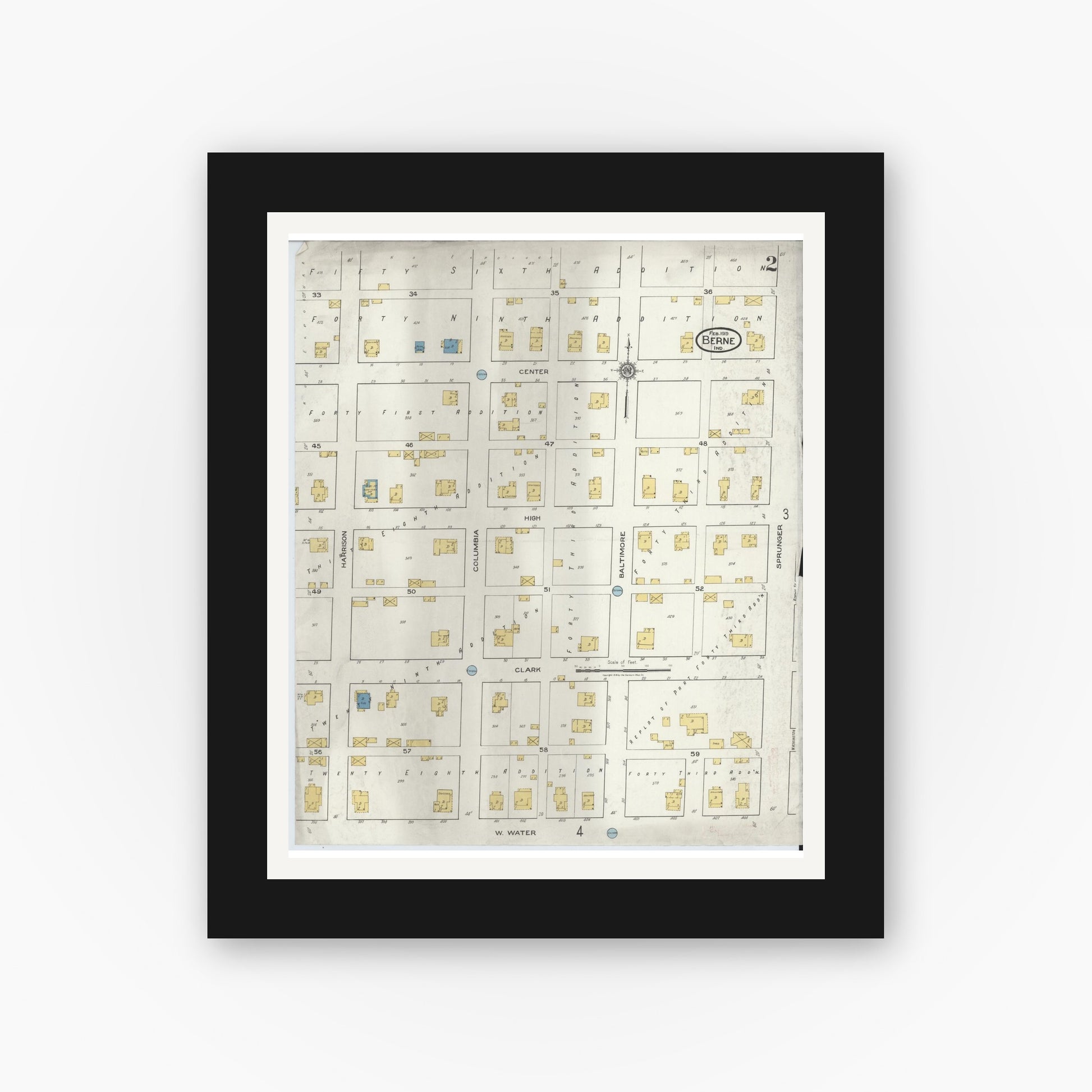 Old map wall art mockup — black gallery frame with white mat — Sanborn Fire Insurance Map from Berne, Adams County, Indiana (1919), Sheet #0002