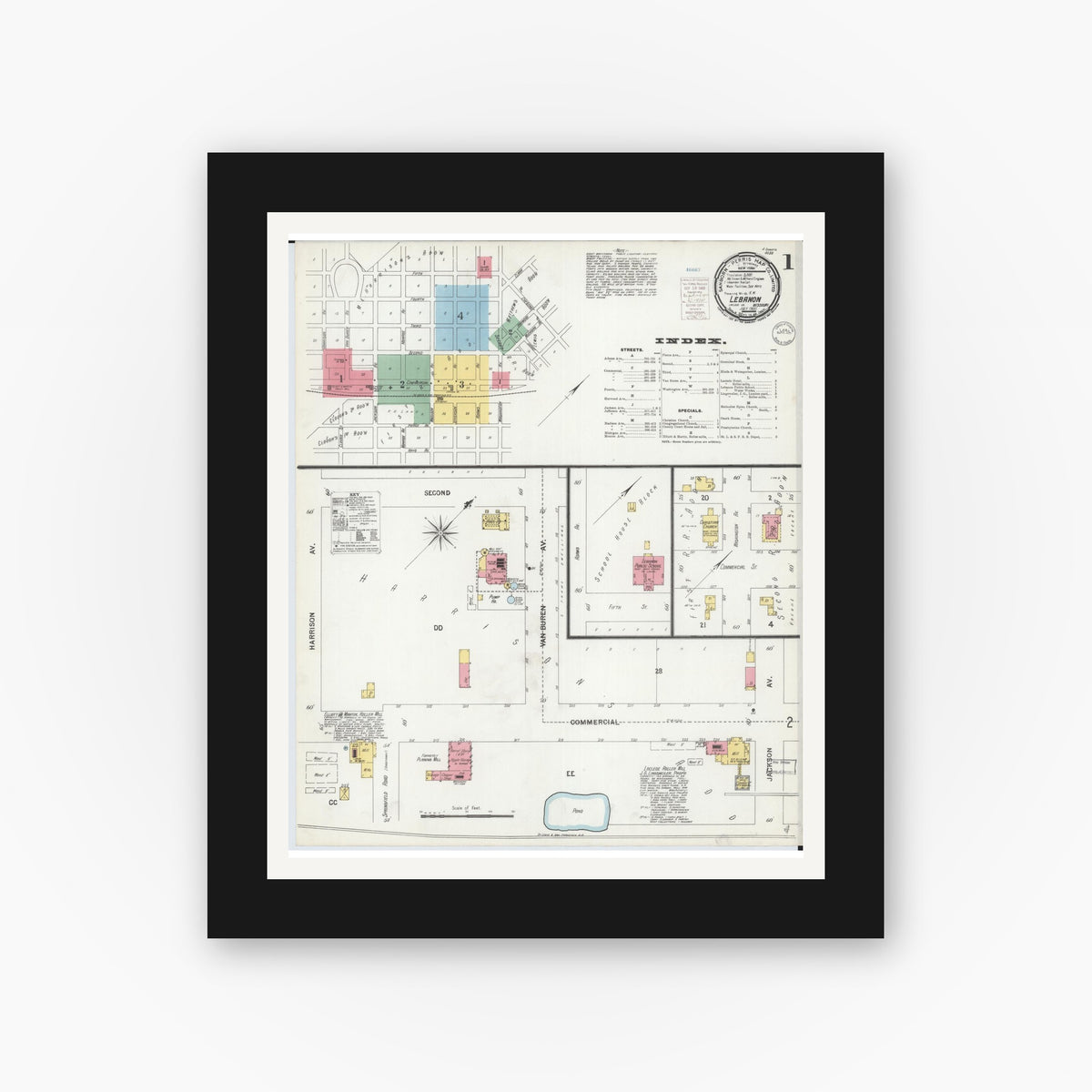 Old map wall art mockup — black gallery frame with white mat — Sanborn Fire Insurance Map from Lebanon, Laclede County, Missouri (1900), Sheet #0001