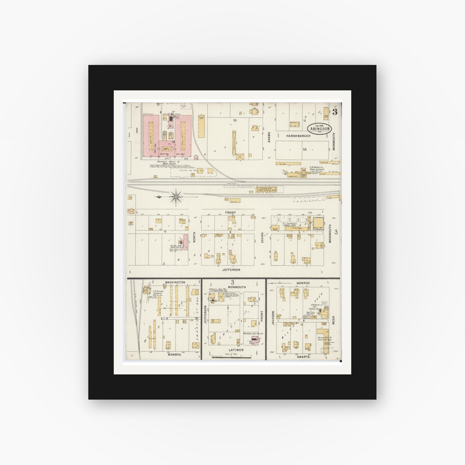 Old map wall art mockup — black gallery frame with white mat — Sanborn Fire Insurance Map from Abingdon, Knox County, Illinois (1898), Sheet #0003