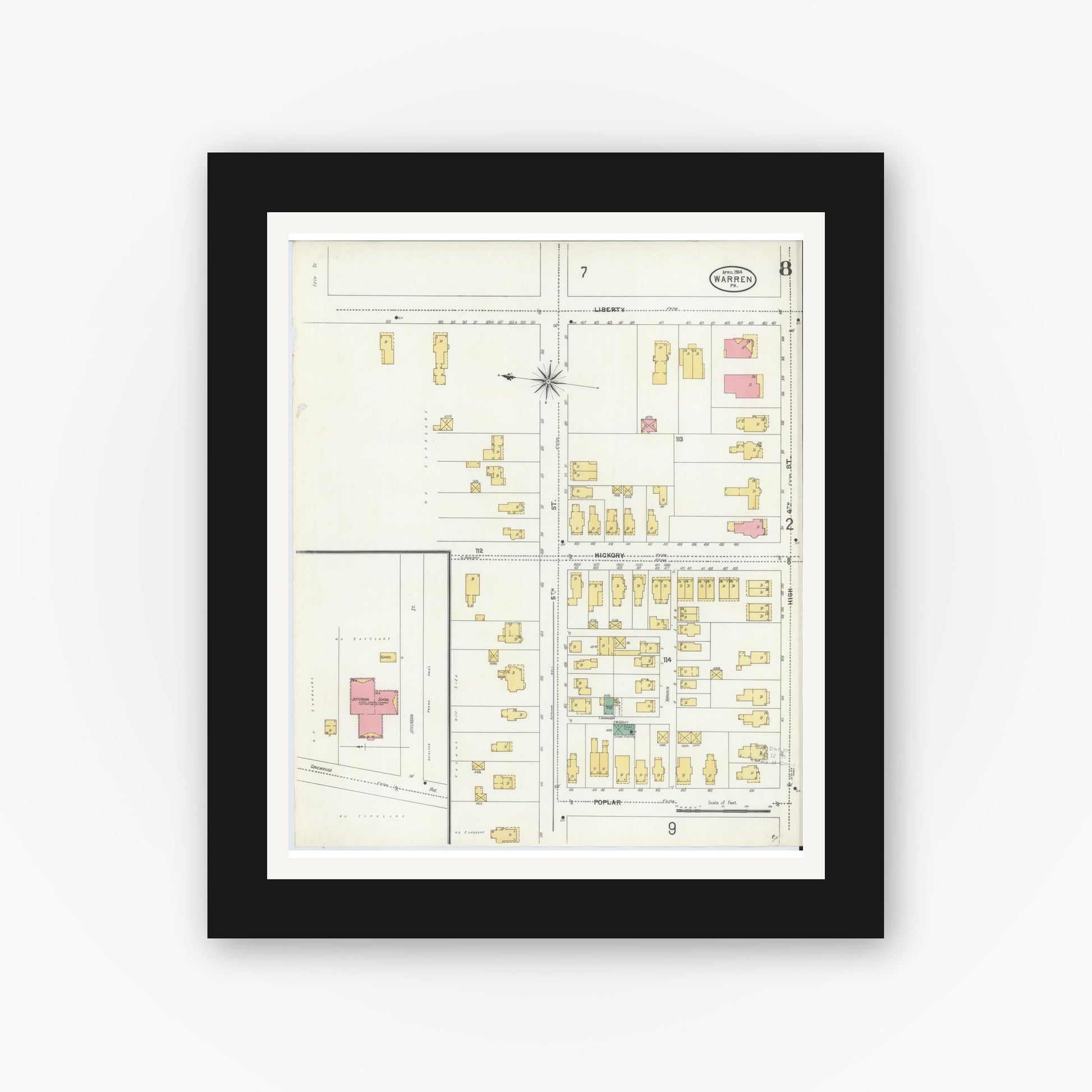 Old map wall art mockup — black gallery frame with white mat — Sanborn Fire Insurance Map from Warren, Warren County, Pennsylvania (1904), Sheet #0008