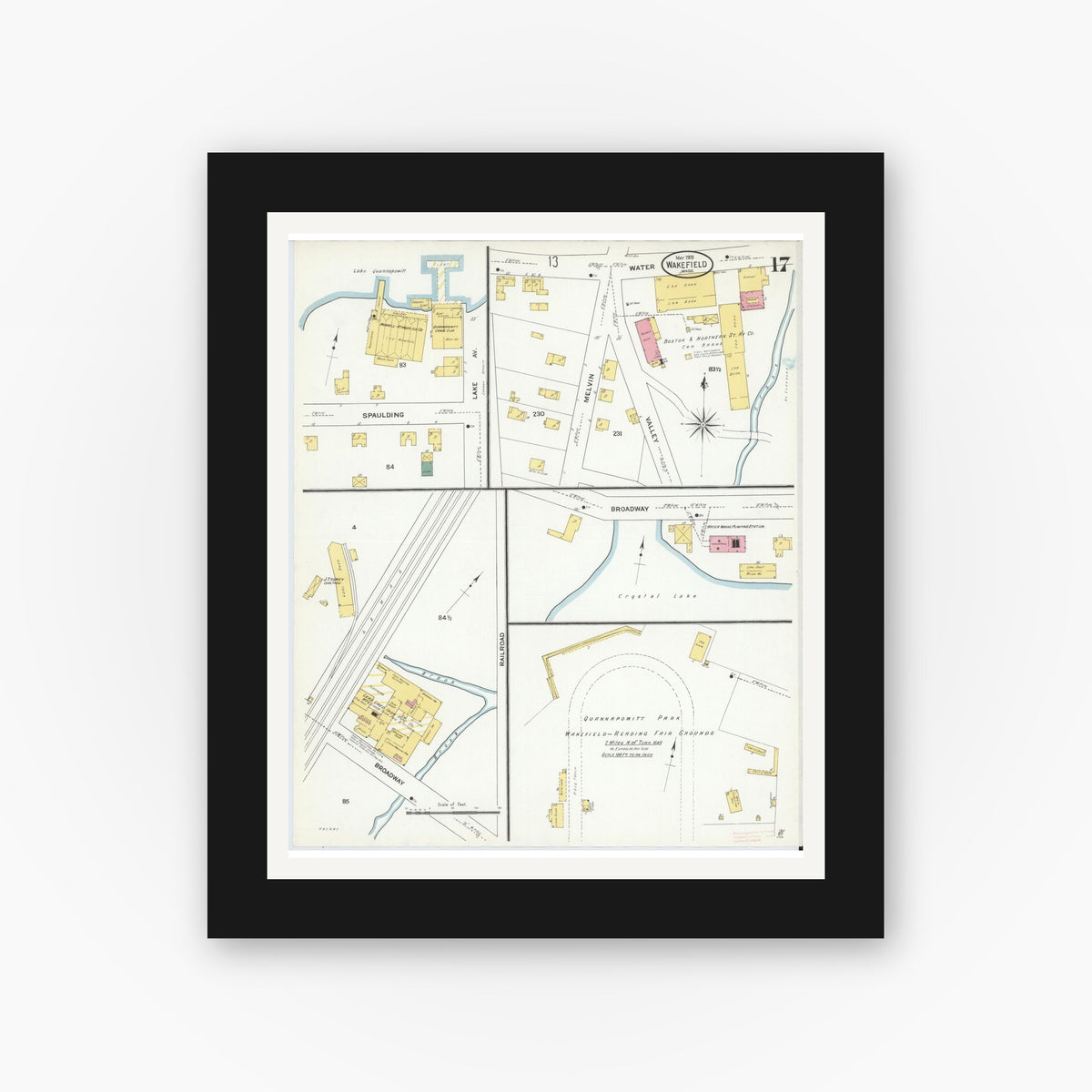 Old map wall art mockup — black gallery frame with white mat — Sanborn Fire Insurance Map from Wakefield, Middlesex County, Massachusetts (1909), Sheet #0017