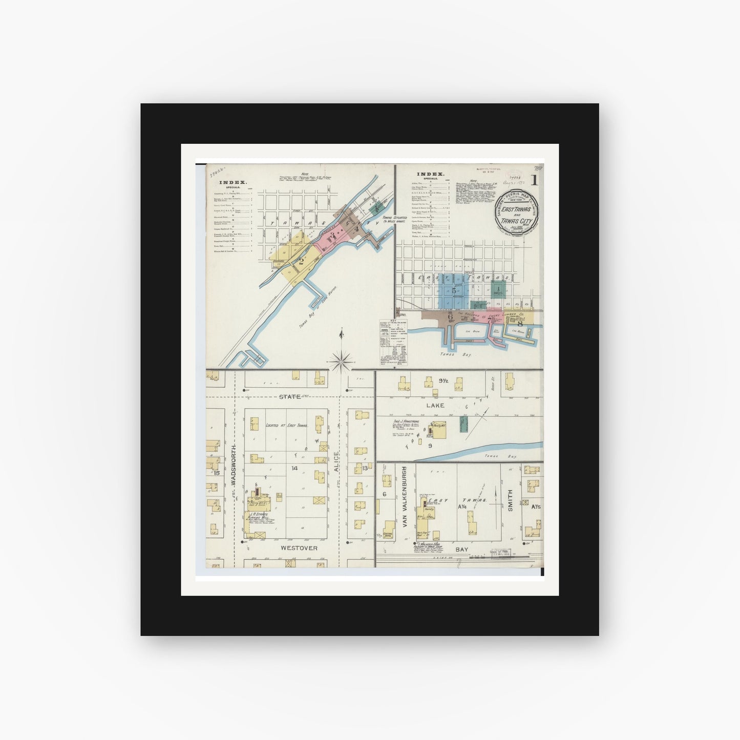 Old map wall art mockup — black gallery frame with white mat — Sanborn Fire Insurance Map from East Tawas, Iosco County, Michigan (1893), Sheet #0001