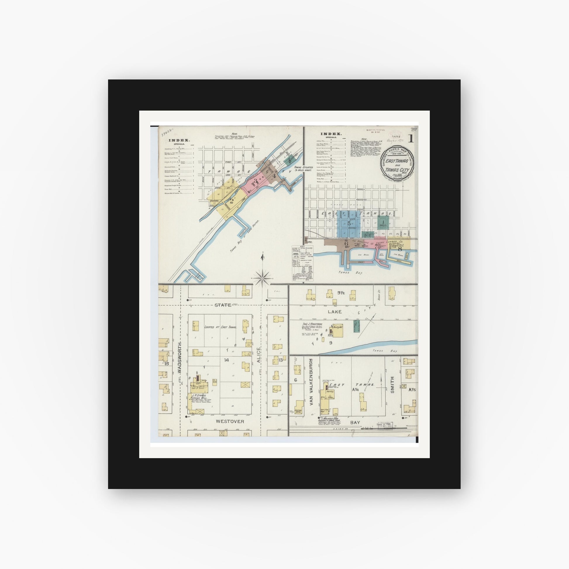 Old map wall art mockup — black gallery frame with white mat — Sanborn Fire Insurance Map from East Tawas, Iosco County, Michigan (1893), Sheet #0001