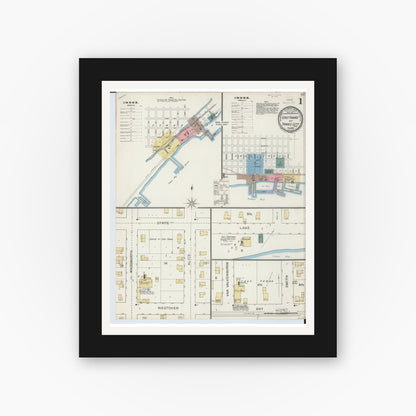 Old map wall art mockup — black gallery frame with white mat — Sanborn Fire Insurance Map from East Tawas, Iosco County, Michigan (1893), Sheet #0001