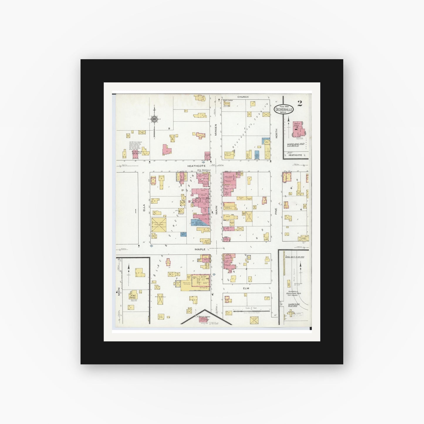 Old map wall art mockup — black gallery frame with white mat — Sanborn Fire Insurance Map from Deckerville, Sanilac County, Michigan (1919), Sheet #0002