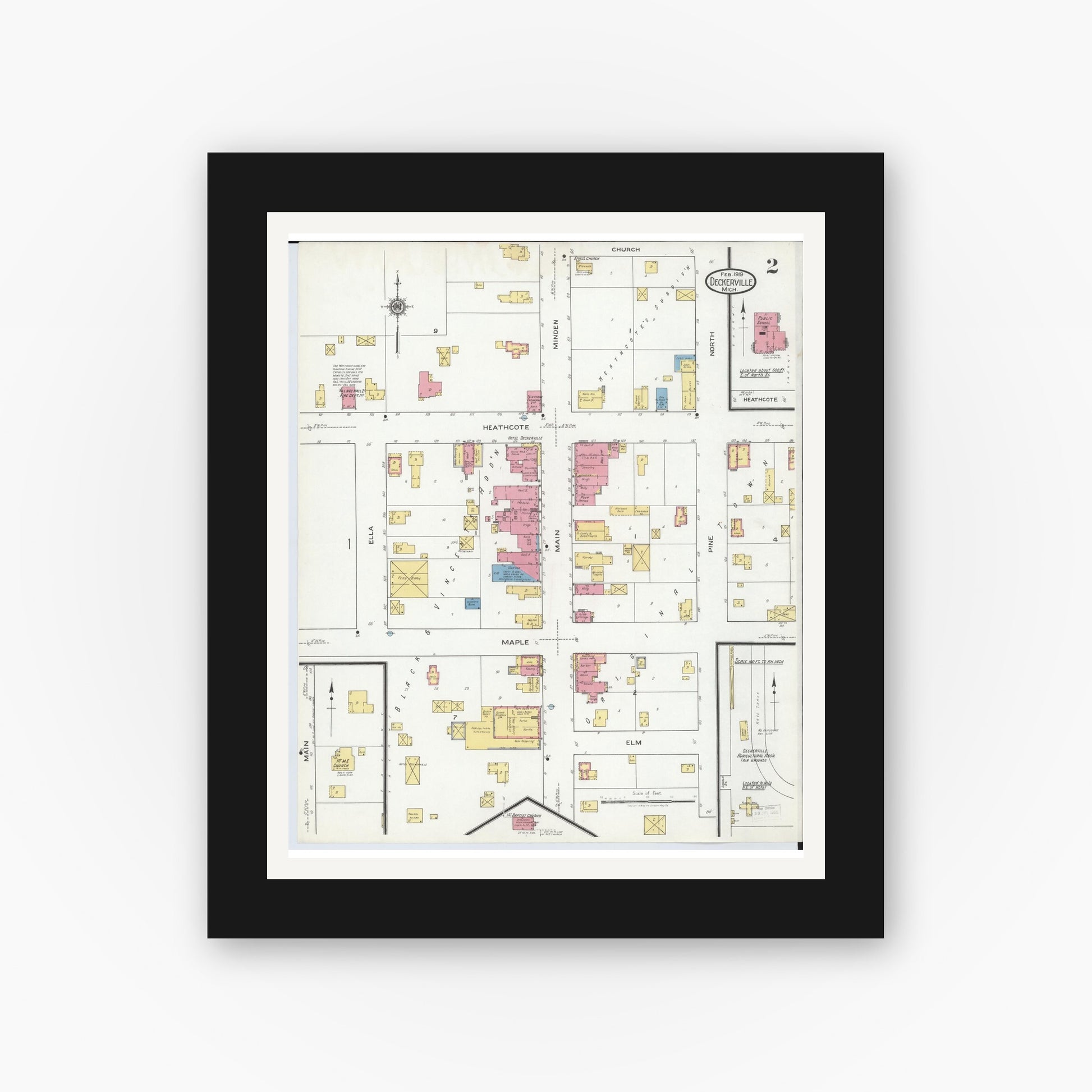 Old map wall art mockup — black gallery frame with white mat — Sanborn Fire Insurance Map from Deckerville, Sanilac County, Michigan (1919), Sheet #0002