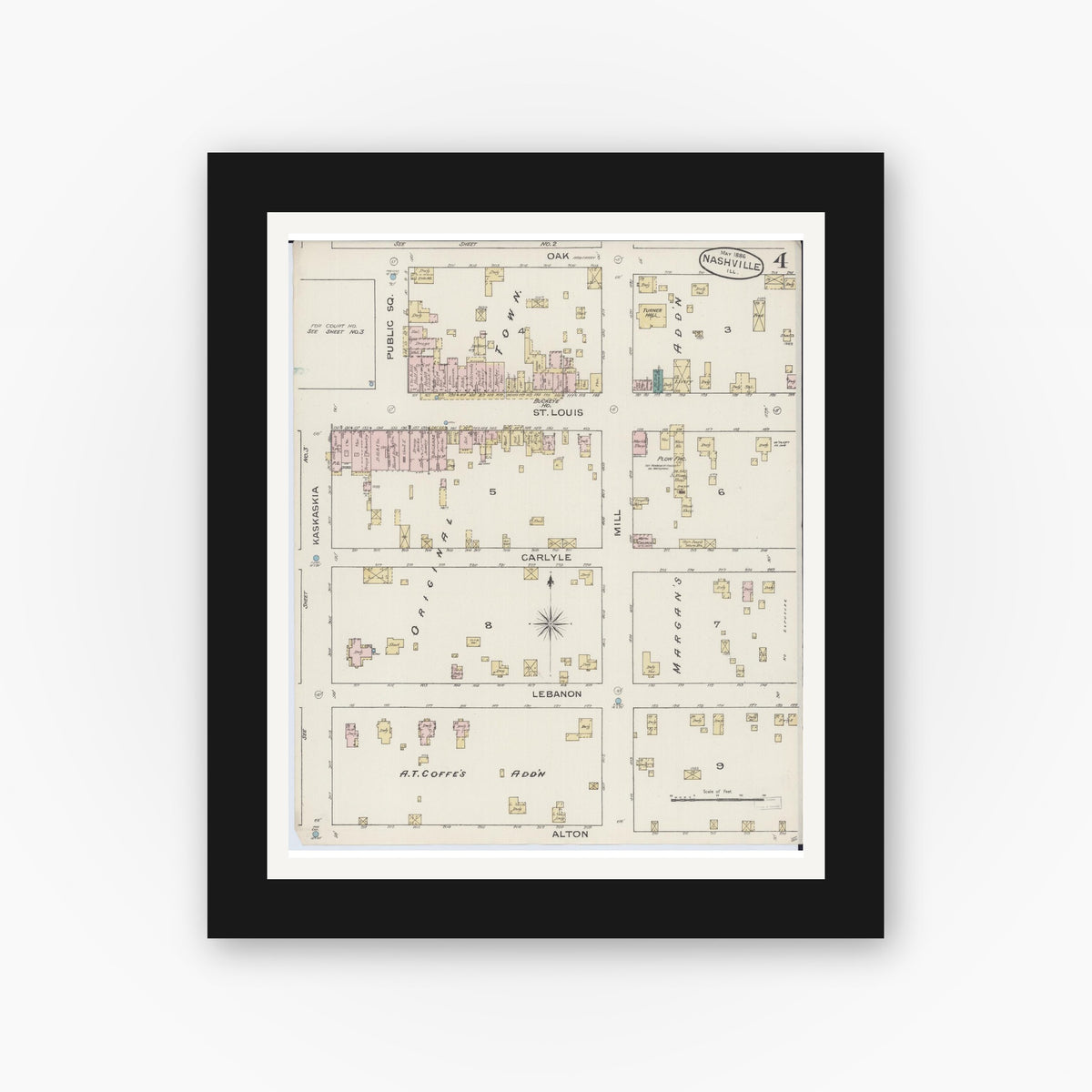 Old map wall art mockup — black gallery frame with white mat — Sanborn Fire Insurance Map from Nashville, Washington County, Illinois (1886), Sheet #0004