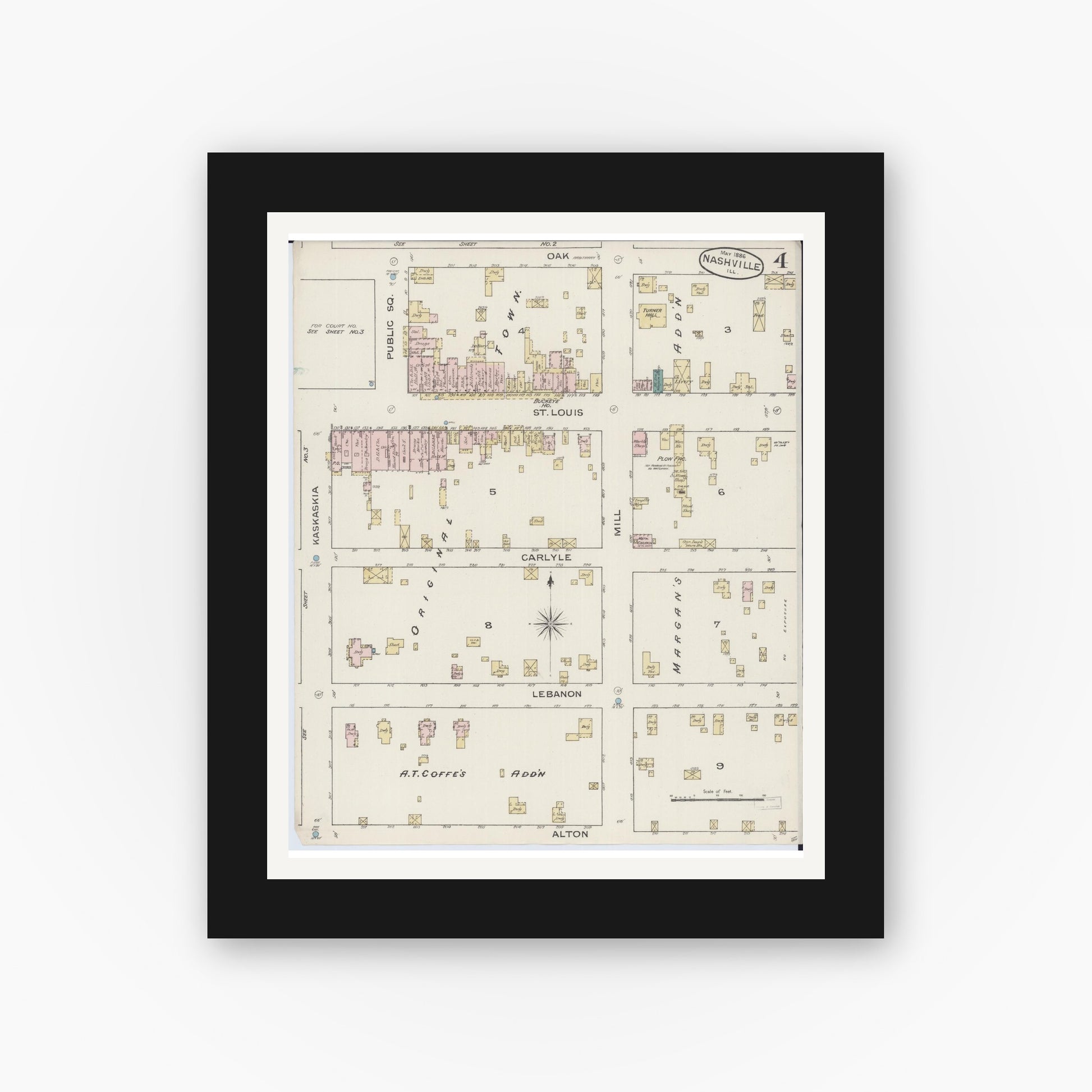 Old map wall art mockup — black gallery frame with white mat — Sanborn Fire Insurance Map from Nashville, Washington County, Illinois (1886), Sheet #0004