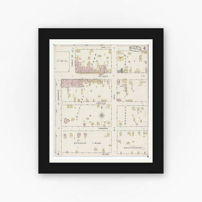 Old map wall art mockup — black gallery frame with white mat — Sanborn Fire Insurance Map from Nashville, Washington County, Illinois (1886), Sheet #0004