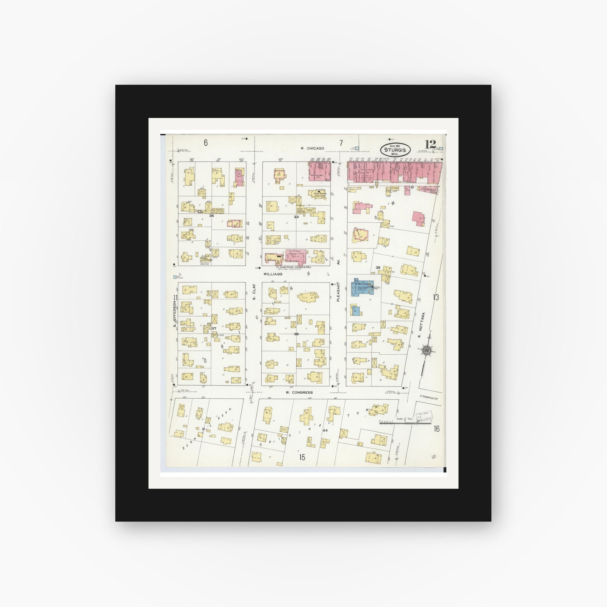 Old map wall art mockup — black gallery frame with white mat — Sanborn Fire Insurance Map from Sturgis, Saint Joseph County, Michigan (1911), Sheet #0012