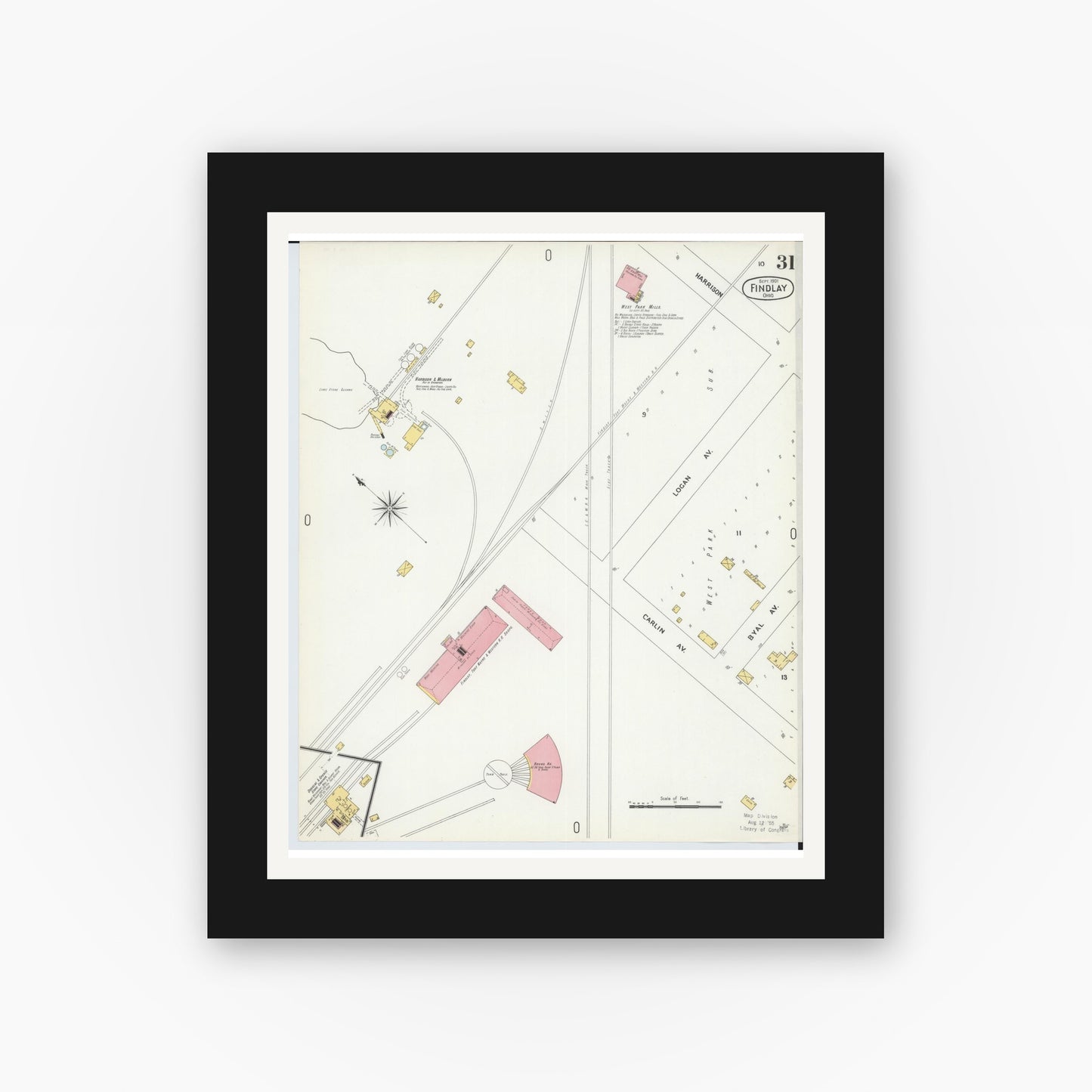 Old map wall art mockup — black gallery frame with white mat — Sanborn Fire Insurance Map from Findlay, Hancock County, Ohio (1901), Sheet #0031