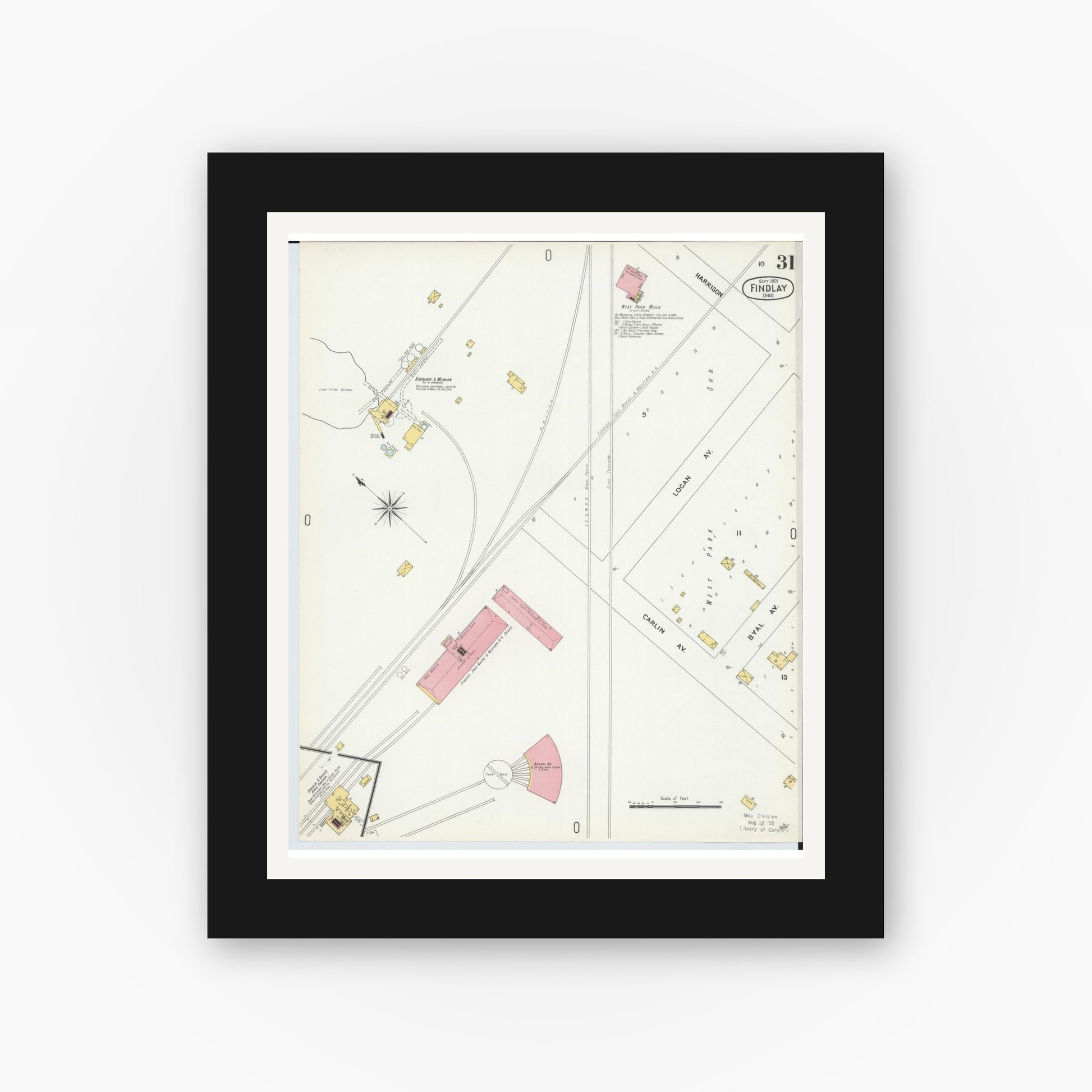 Old map wall art mockup — black gallery frame with white mat — Sanborn Fire Insurance Map from Findlay, Hancock County, Ohio (1901), Sheet #0031
