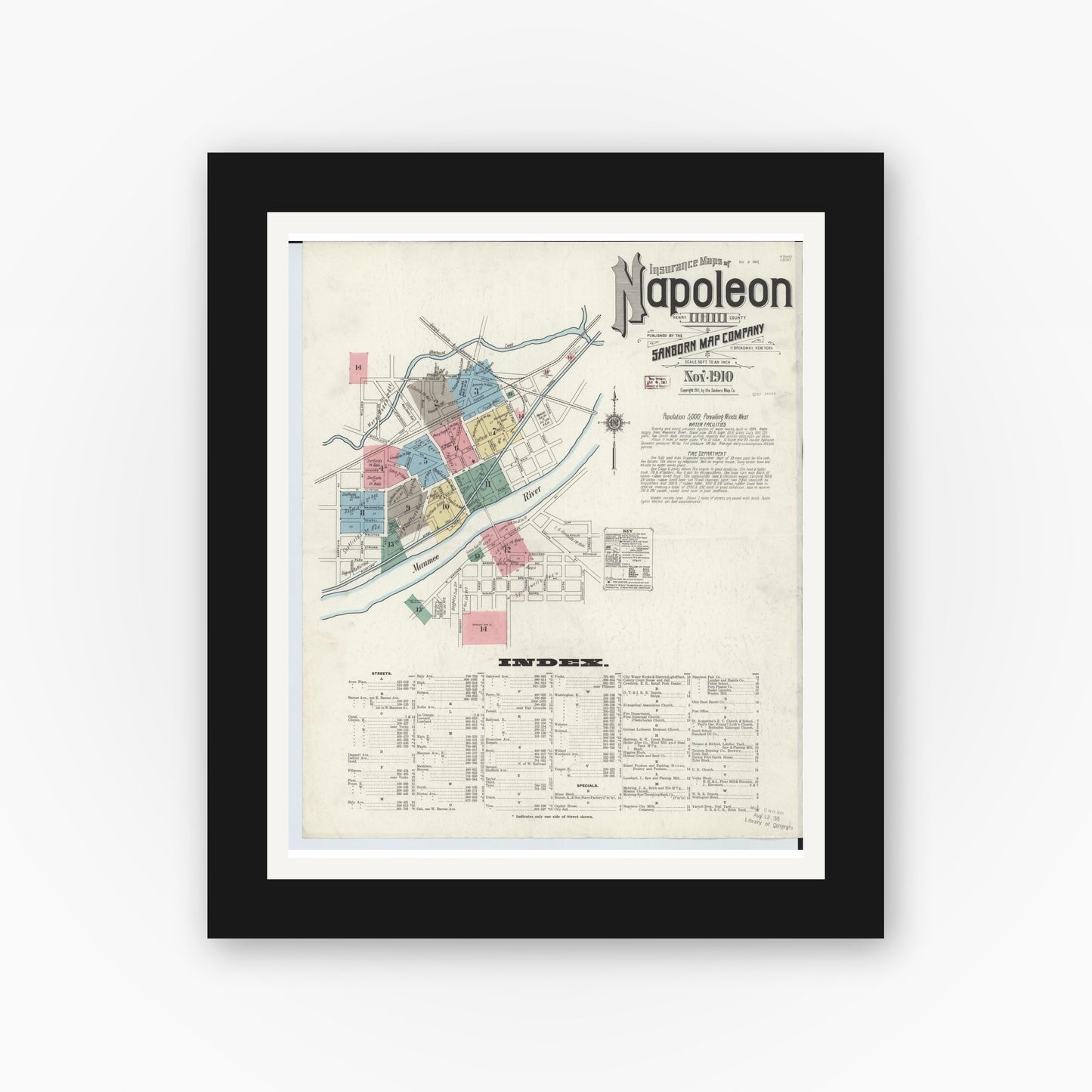 Old map wall art mockup — black gallery frame with white mat — Sanborn Fire Insurance Map from Napoleon, Henry County, Ohio (1910), Sheet #0001