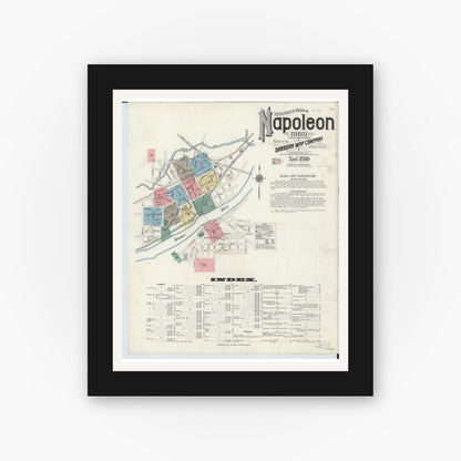 Old map wall art mockup — black gallery frame with white mat — Sanborn Fire Insurance Map from Napoleon, Henry County, Ohio (1910), Sheet #0001