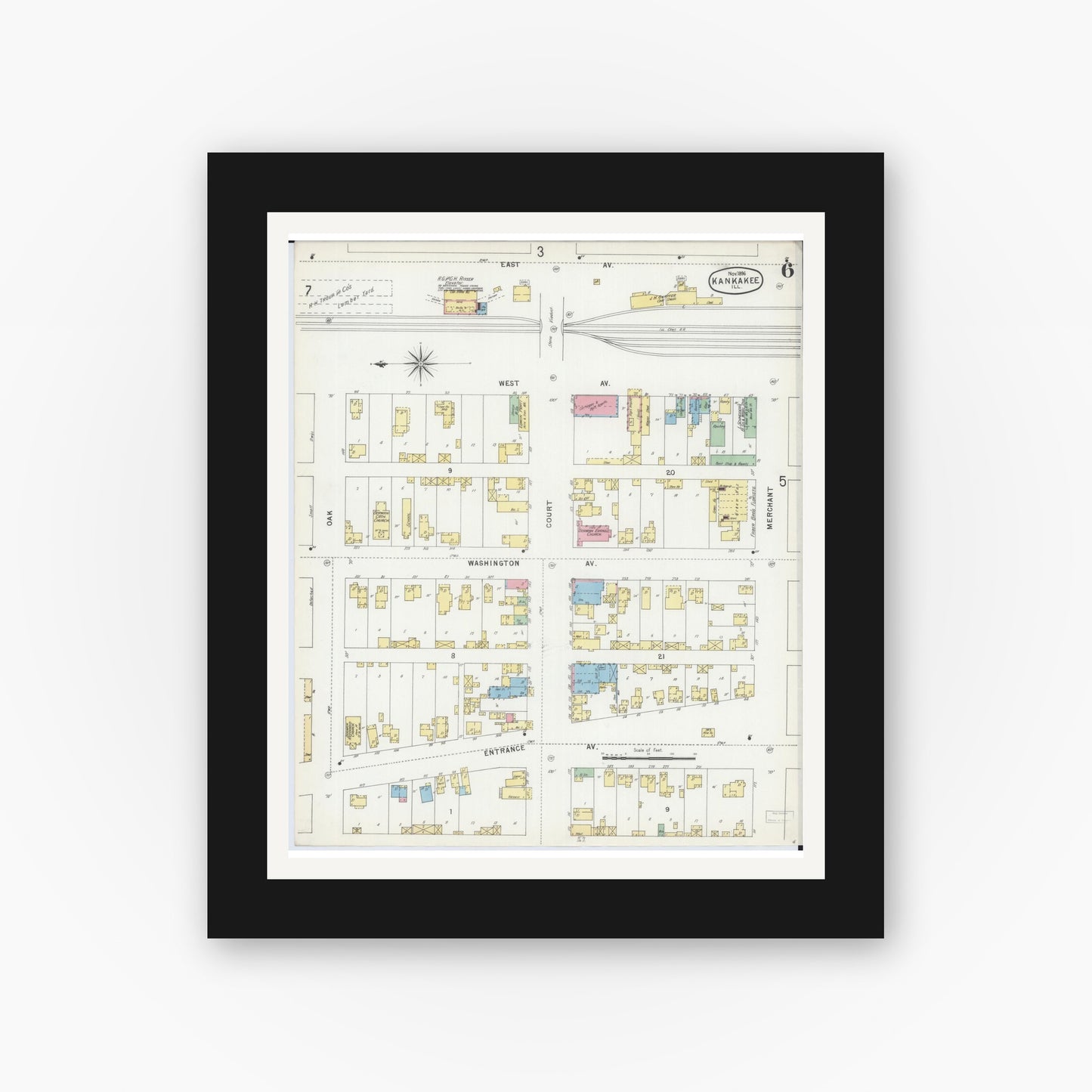 Old map wall art mockup — black gallery frame with white mat — Sanborn Fire Insurance Map from Kankakee, Kankakee County, Illinois (1896), Sheet #0006