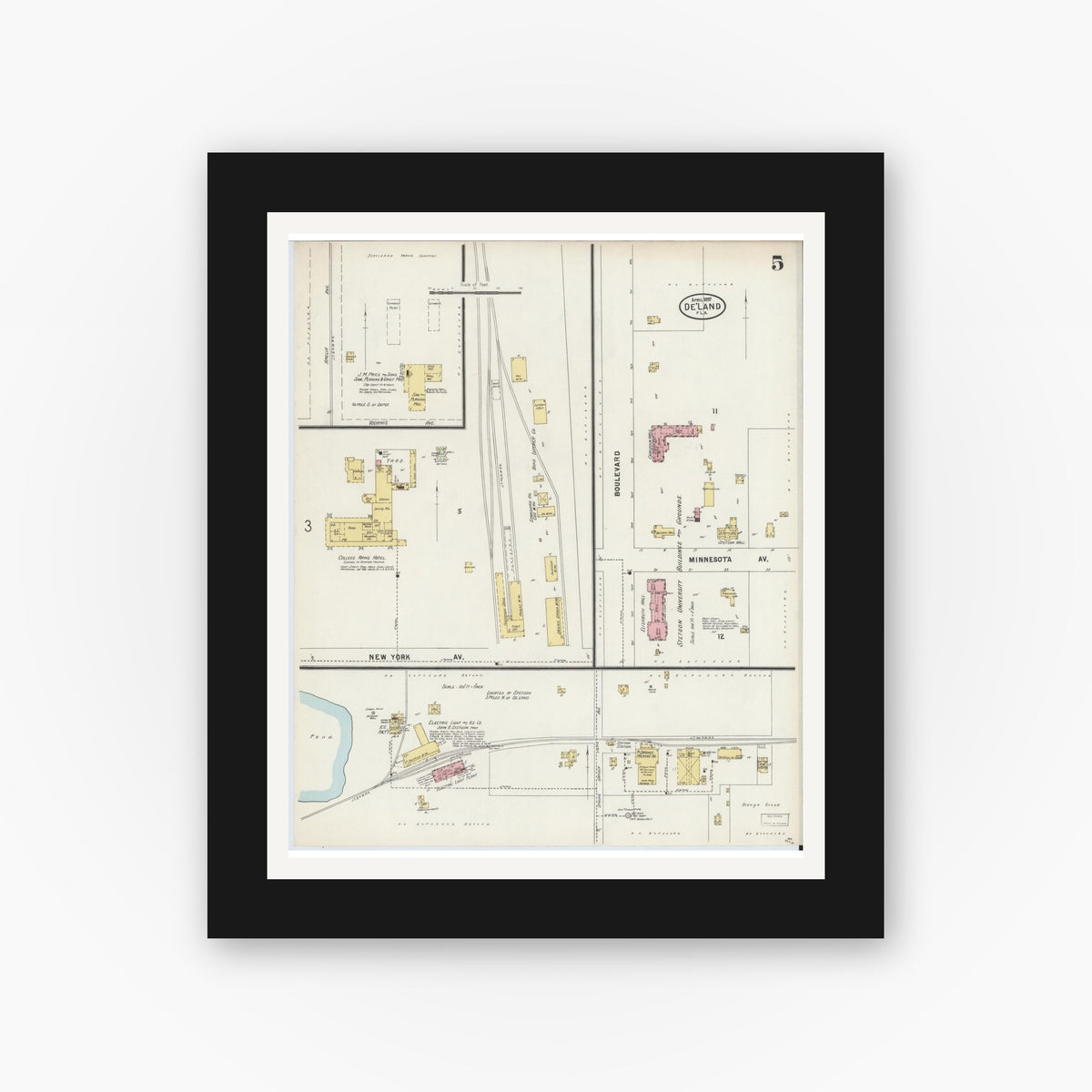 Old map wall art mockup — black gallery frame with white mat — Sanborn Fire Insurance Map from De Land, Volusia County, Florida (1897), Sheet #0005