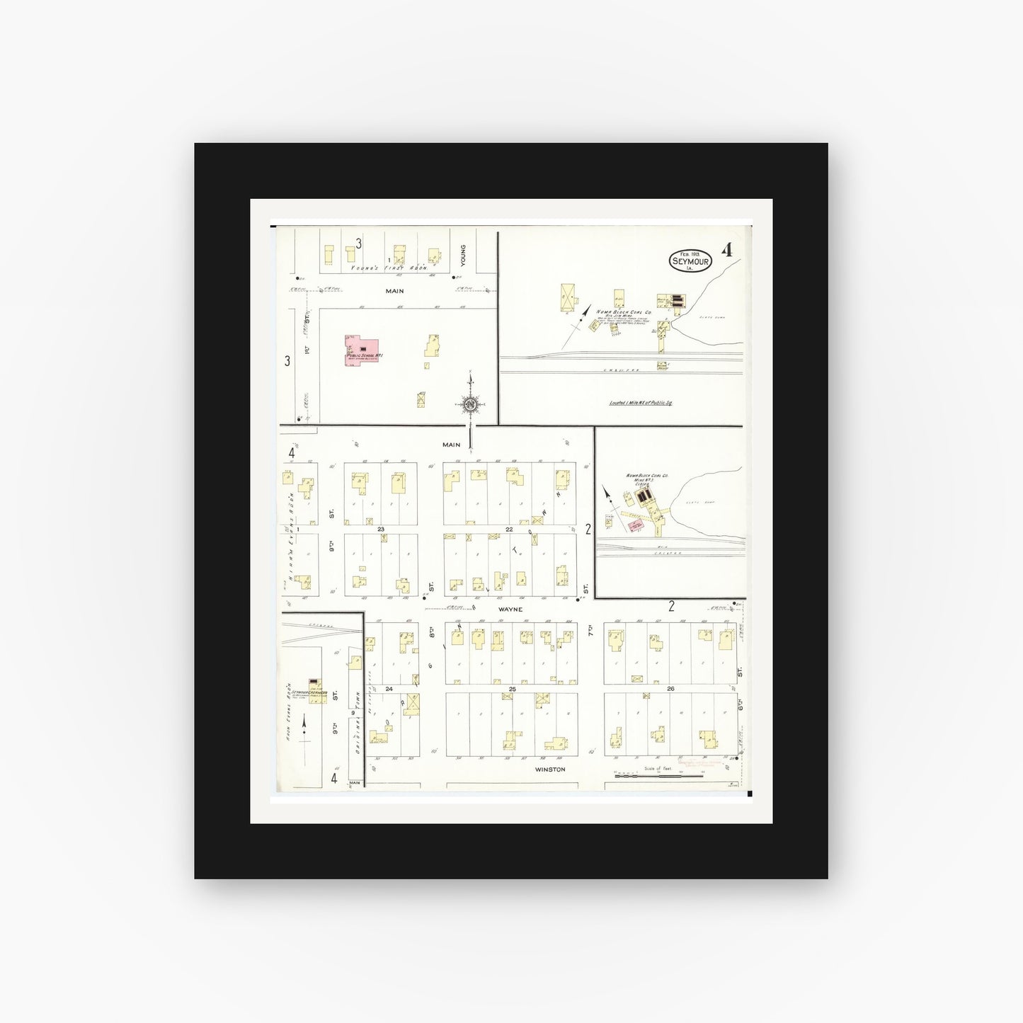 Old map wall art mockup — black gallery frame with white mat — Sanborn Fire Insurance Map from Seymour, Wayne County, Iowa (1913), Sheet #0004