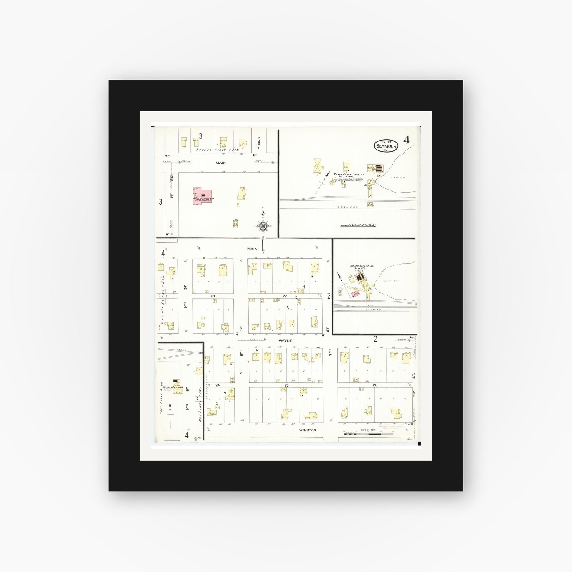 Old map wall art mockup — black gallery frame with white mat — Sanborn Fire Insurance Map from Seymour, Wayne County, Iowa (1913), Sheet #0004