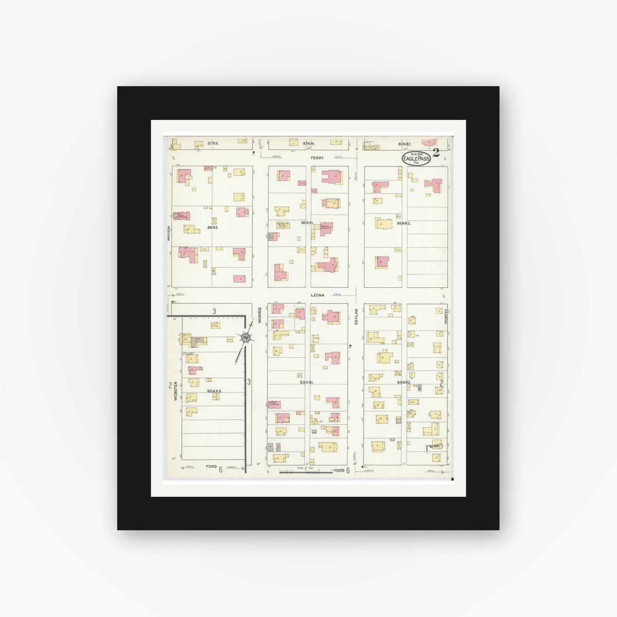 Old map wall art mockup — black gallery frame with white mat — Sanborn Fire Insurance Map from Eagle Pass, Maverick County, Texas (1916), Sheet #0002