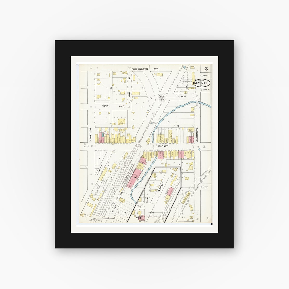 Old map wall art mockup — black gallery frame with white mat — Sanborn Fire Insurance Map from What Cheer, Keokuk County, Iowa (1893), Sheet #0003