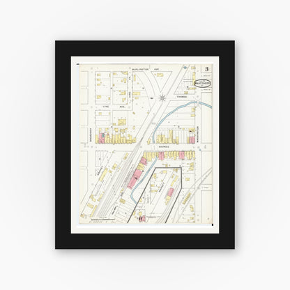 Old map wall art mockup — black gallery frame with white mat — Sanborn Fire Insurance Map from What Cheer, Keokuk County, Iowa (1893), Sheet #0003