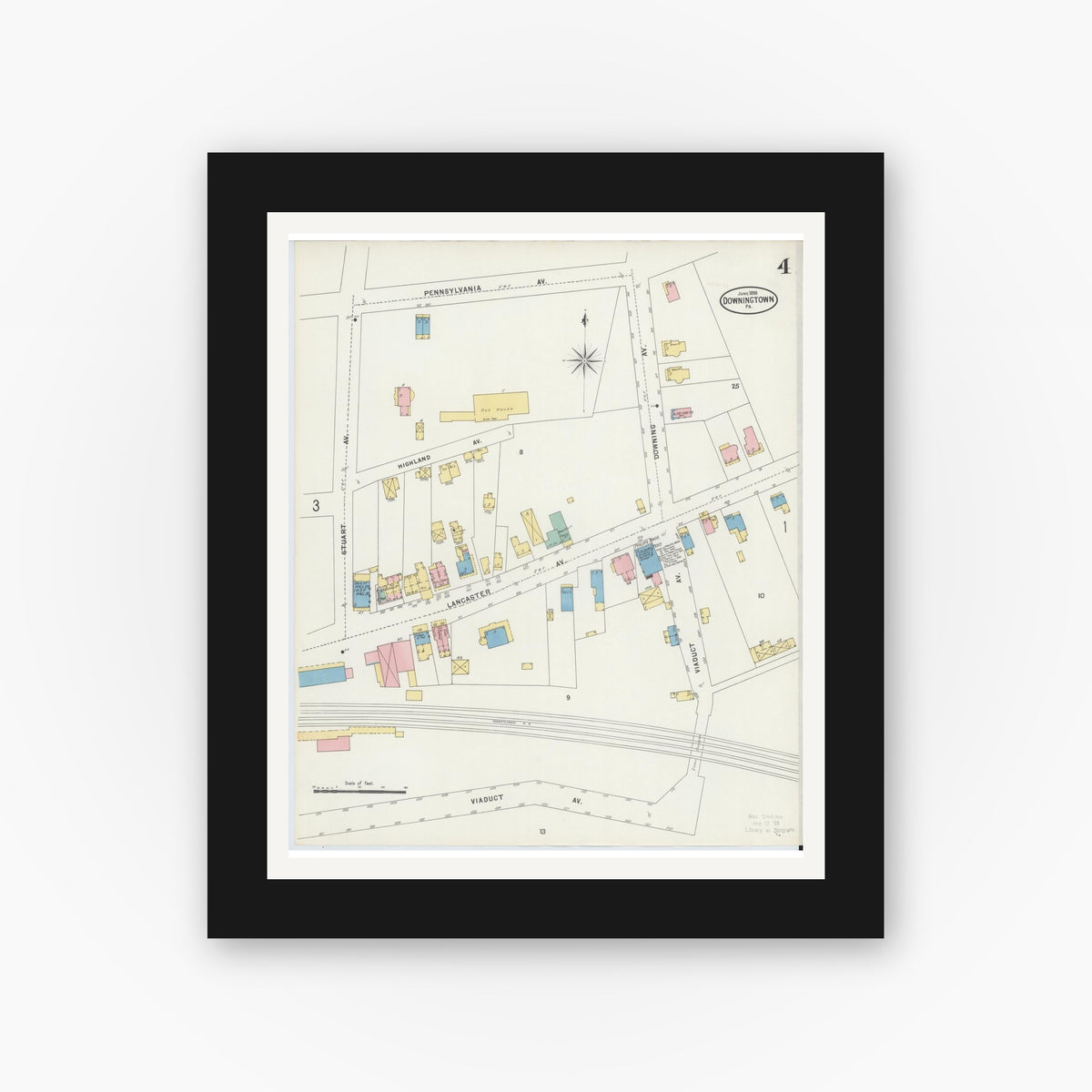 Old map wall art mockup — black gallery frame with white mat — Sanborn Fire Insurance Map from Downingtown, Chester County, Pennsylvania (1898), Sheet #0004