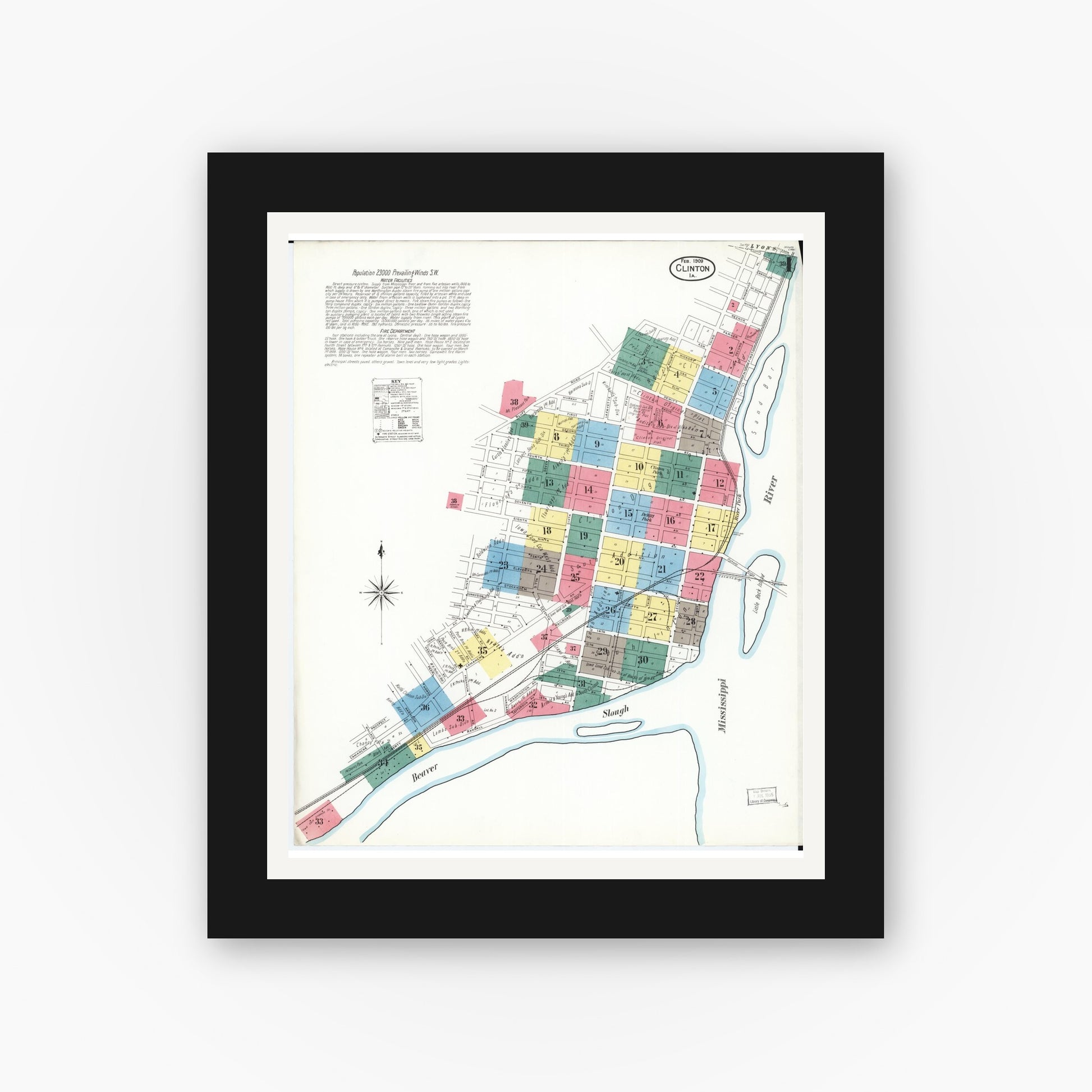 Old map wall art mockup — black gallery frame with white mat — Sanborn Fire Insurance Map from Clinton, Clinton County, Iowa (1909) â€” Complete Set