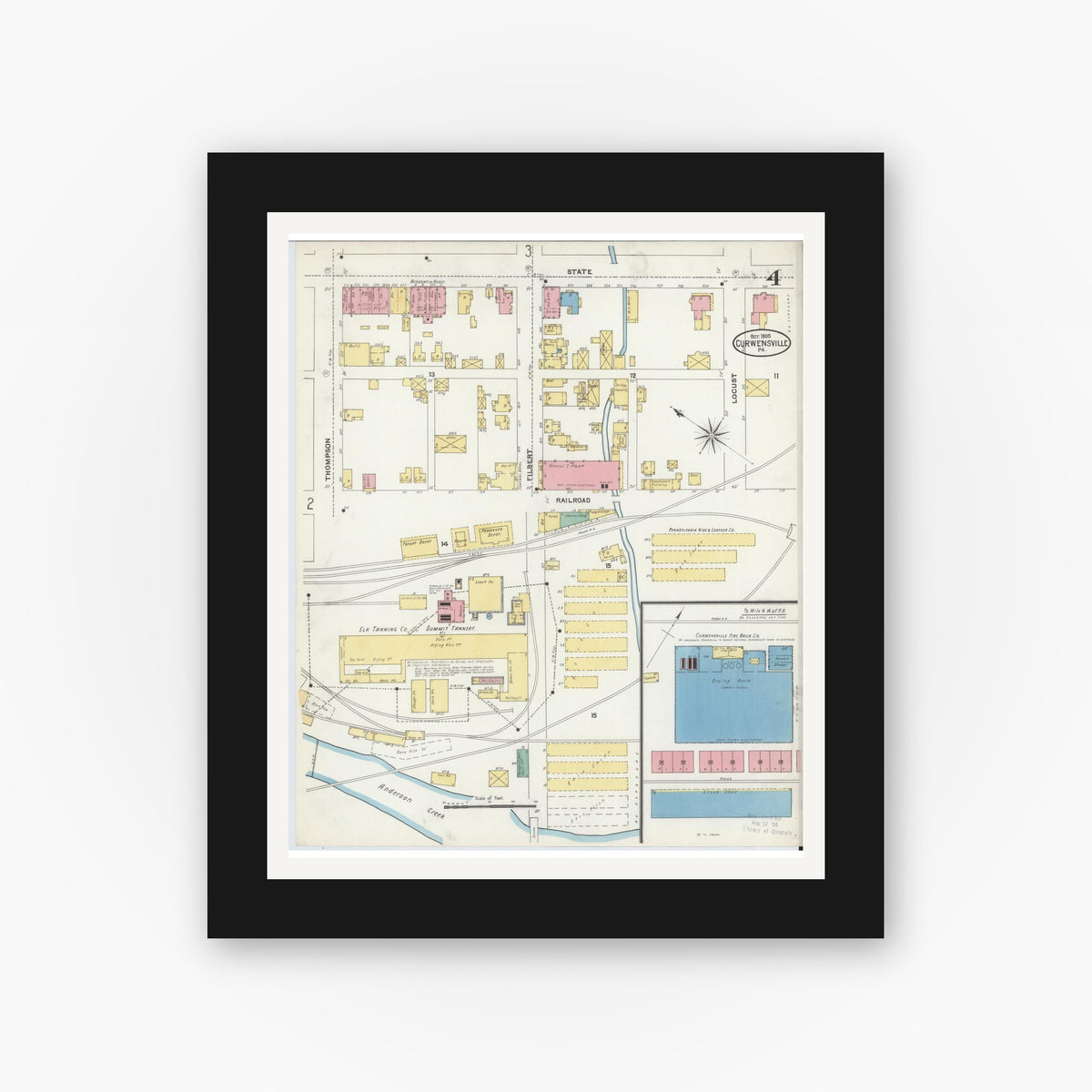 Old map wall art mockup — black gallery frame with white mat — Sanborn Fire Insurance Map from Curwensville, Clearfield County, Pennsylvania (1905), Sheet #0004