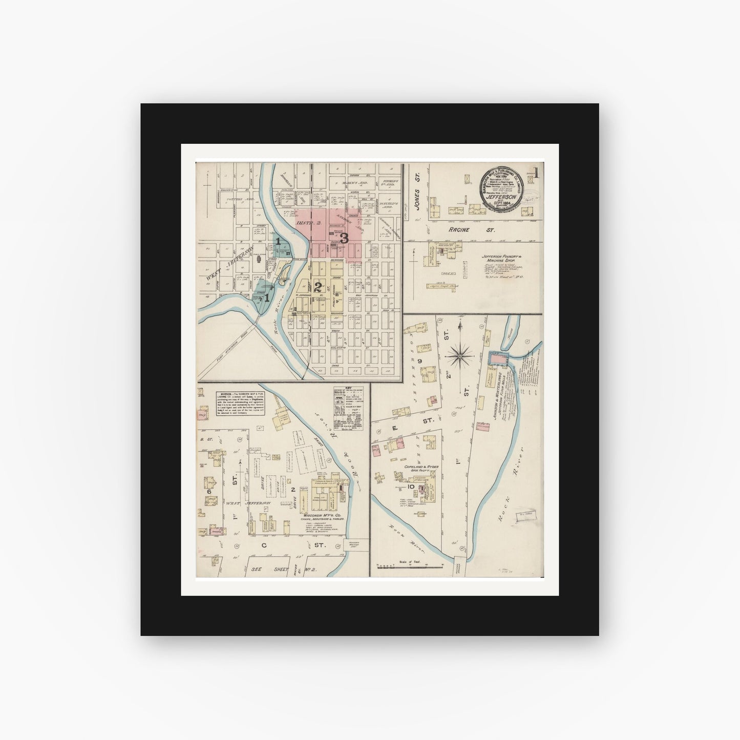 Old map wall art mockup — black gallery frame with white mat — Sanborn Fire Insurance Map from Jefferson, Jefferson County, Wisconsin (1884), Sheet #0001