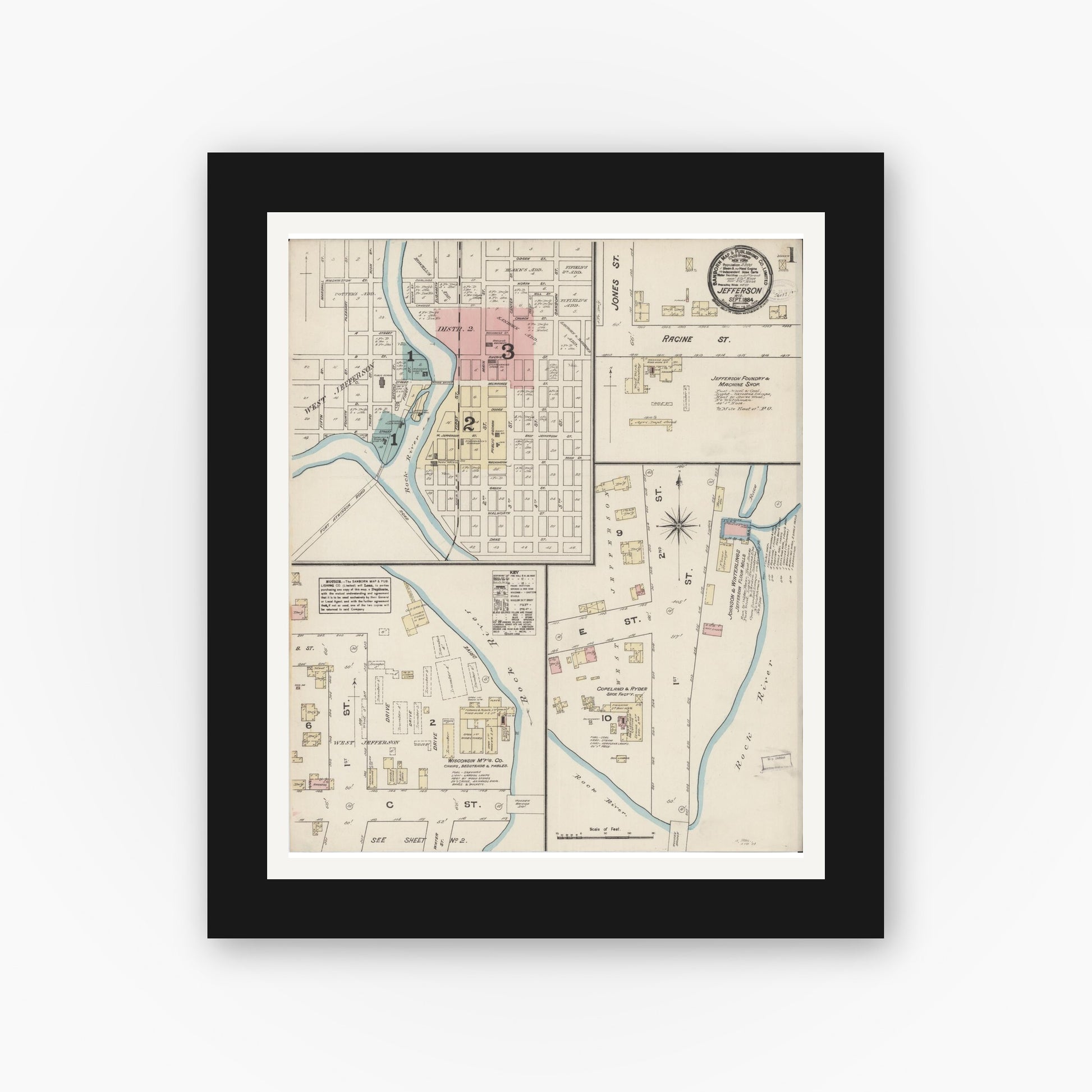 Old map wall art mockup — black gallery frame with white mat — Sanborn Fire Insurance Map from Jefferson, Jefferson County, Wisconsin (1884), Sheet #0001