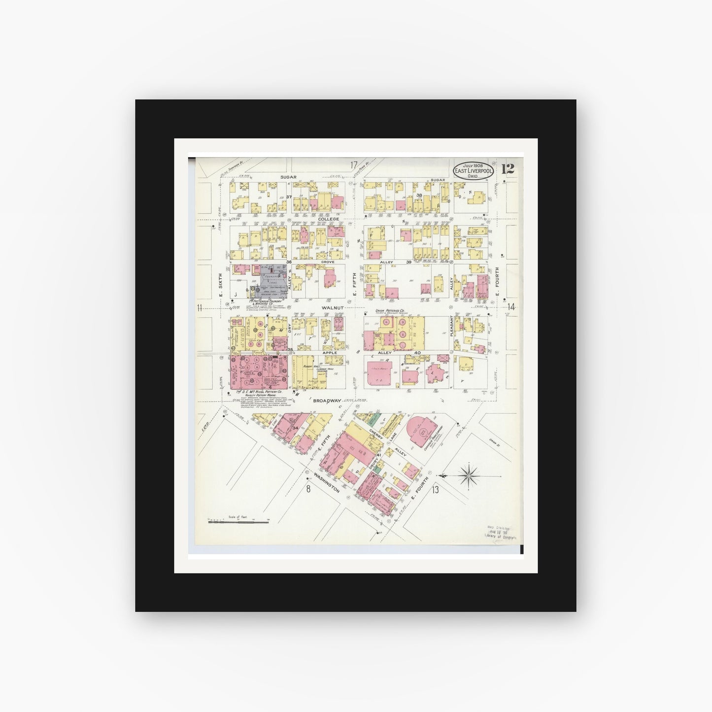 Old map wall art mockup — black gallery frame with white mat — Sanborn Fire Insurance Map from East Liverpool, Columbiana County, Ohio (1908), Sheet #0012